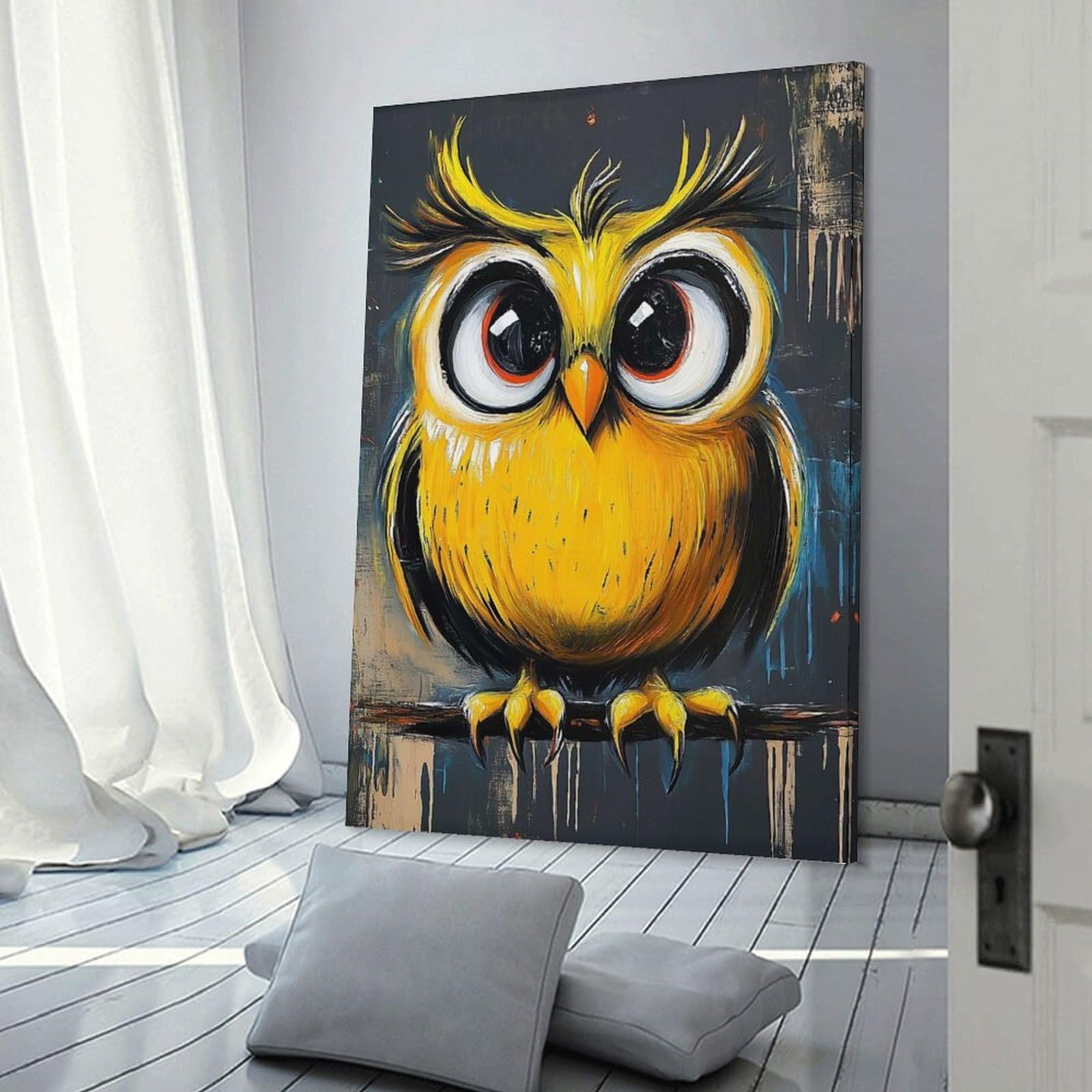 Junmoney Wall Picture Print Cute Yellow Owl Painting, 20x30inch(50x75cm), for Entrance Walls, Hall Decor Or Foyers, A Neat Decor Update for Hallways