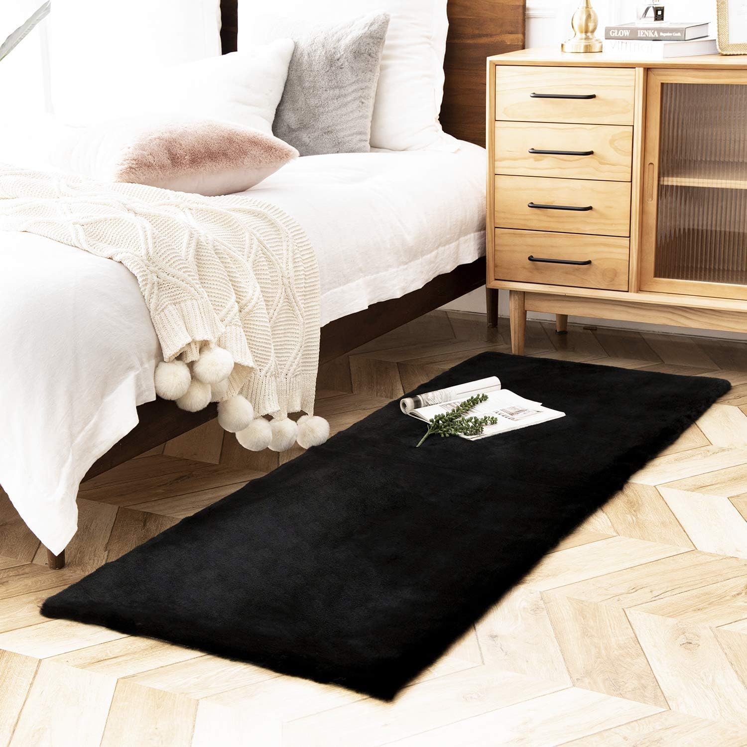 Ashler Faux Fur Rug, Ultra Soft Faux Rabbit Fur, Black Area Rugs, 2.2 x 6 Feet Rectangle, Machine Washable Nursery Decor Throw Rugs for Bedroom, Kids Room, Living Room image 3