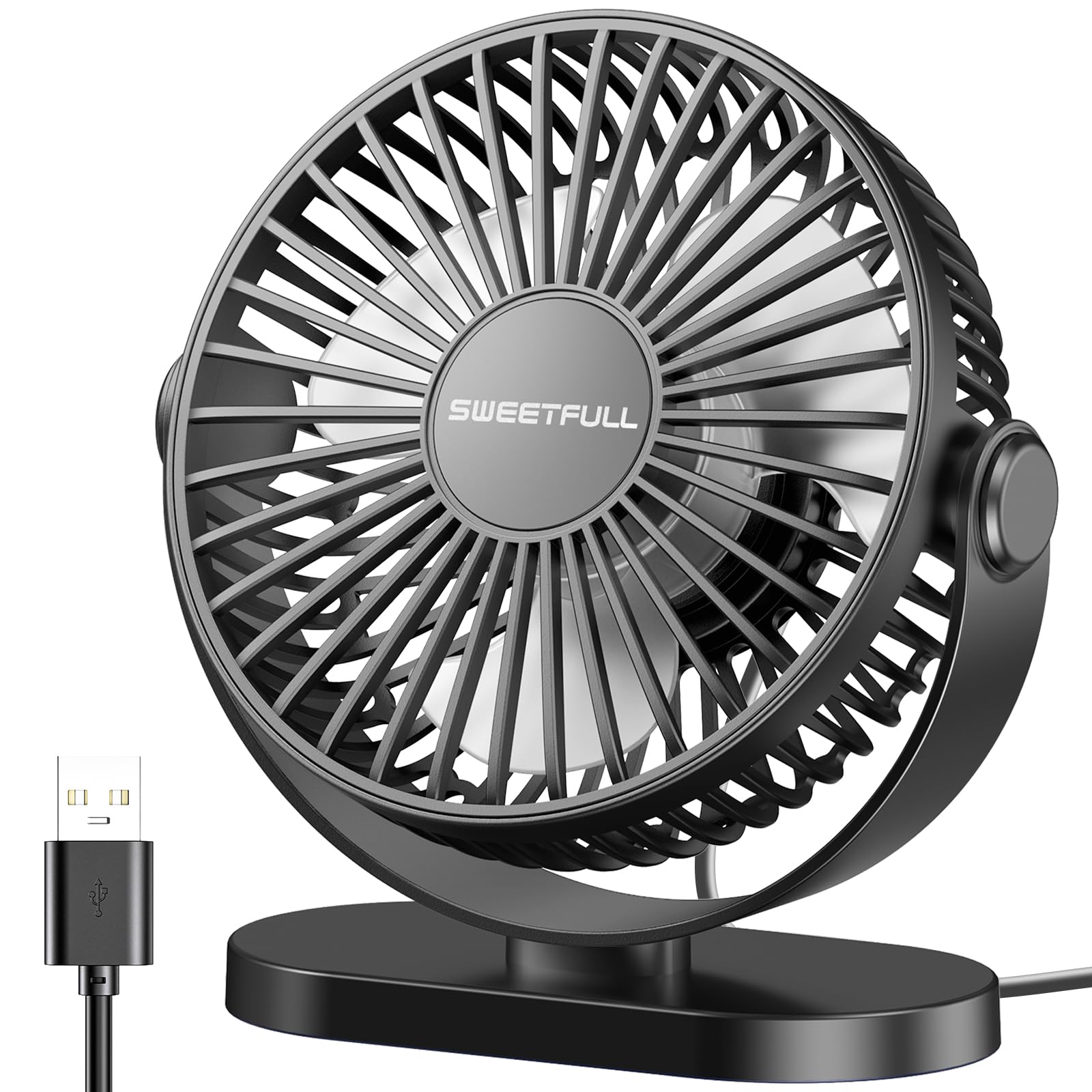 SWEETFULL USB Table Fan Mini Small - 3 Speeds Personal Portable Quiet Fan 360° Perpendicular Adjustable, Home Office Desk Cooling Gadgets on Desktop(Black)