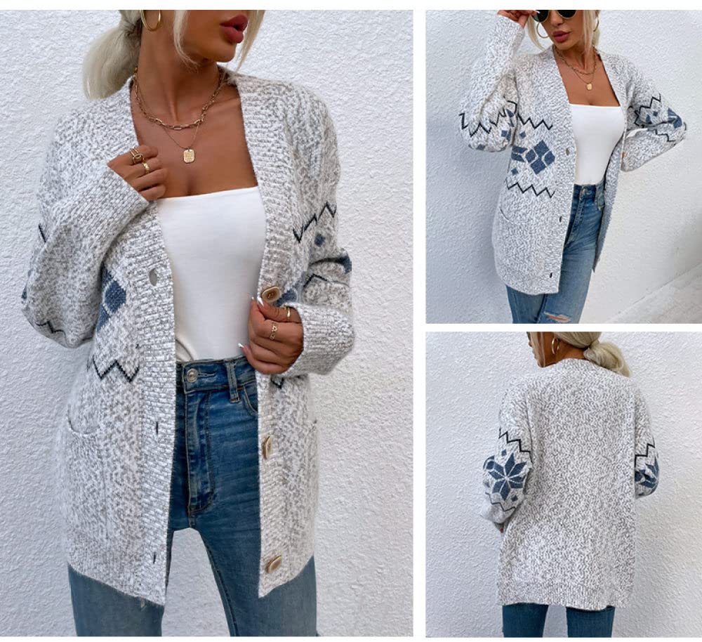 Cardigan Femme, Cardigan Femme Vintage Gris Clair Col En V Flocon De Neige Ondulation Jacquard Avec Poche Manteau En Tricot De Noël Doux Chaud Automne Hiver Veste En Tricot À Manches Longues Bouto