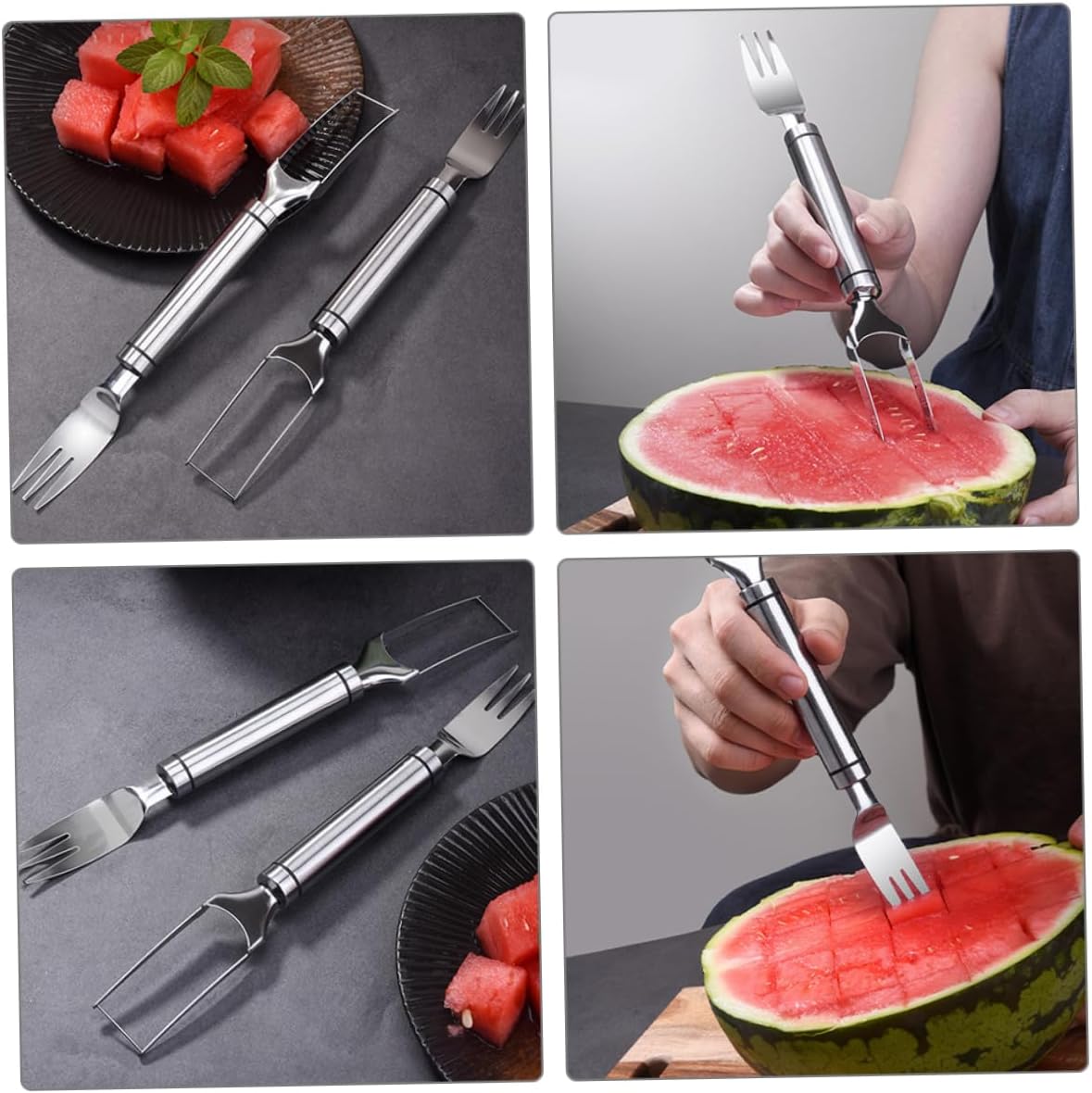 2pcs Stainless Steel Watermelon Slicer Fork Set Fruit Cutters Multipurpose Kitchen Utensil Easy Serving
