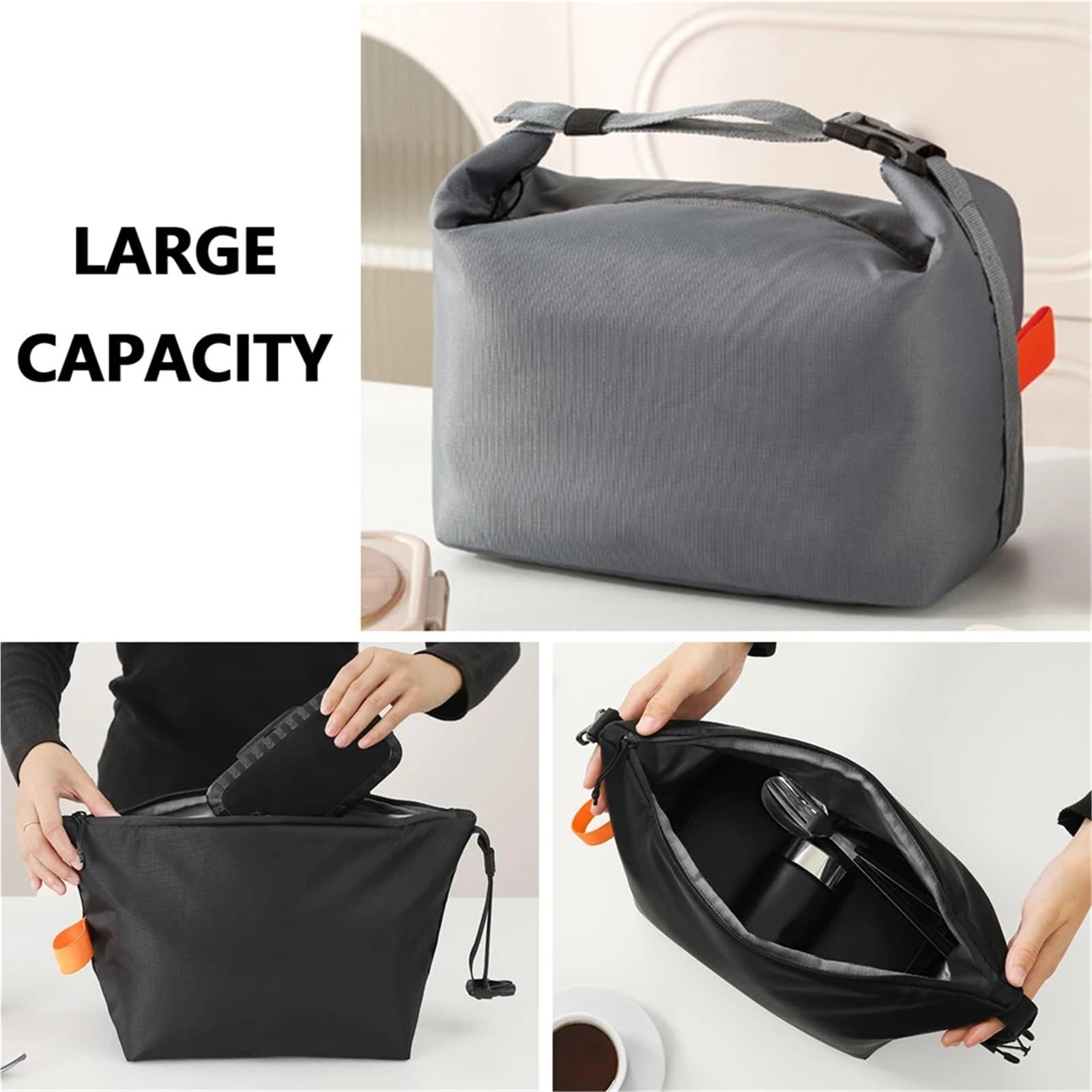 Bolsa termica Bolsas de almuerzo mayor capacidad, contenedores comida a prueba fugas, bolsa Bento mano for trabajo, oficina, Picnic, 1 ud para Exteriores(Black)