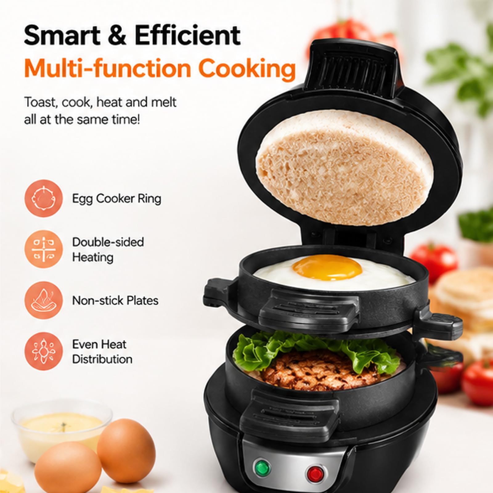 Tostapane elettrico multistrato da 600 W con anello per la cottura delle uo | Macchina per hamburger e muffin, piastre di cottura antiaderenti, riscaldamento su entrambi i lati(black)