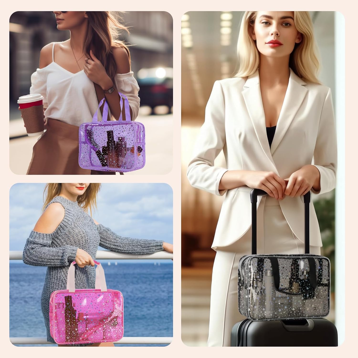 Clear Makeup Bags, Clear Travel Toiletry Bag with Extra Small Glitter Cosmetic Bag, Waterproof Essential Organizer Pouch for Sports Travel Beach (Stars-Black) - Image 8