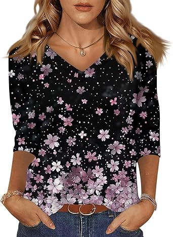 HTHLVMD Womens 3/4 Length Sleeve Tunic Tops Summer Fall Outfits 2025 Three Quarter Sleeve Casual V Neck T Shirts for Women