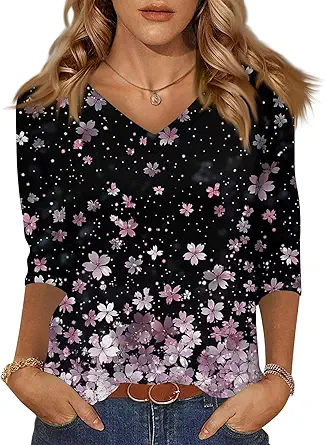 HTHLVMD Womens 3/4 Length Sleeve Tunic Tops Summer Fall Outfits 2025 Three Quarter Sleeve Casual V Neck T Shirts for Women