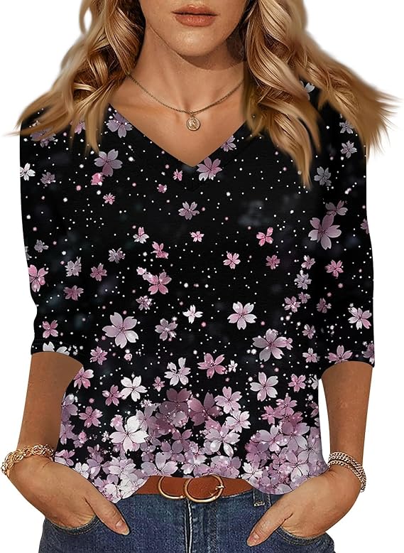 HTHLVMD Womens 3/4 Length Sleeve Tunic Tops Summer Fall Outfits 2025 Three Quarter Sleeve Casual V Neck T Shirts for Women