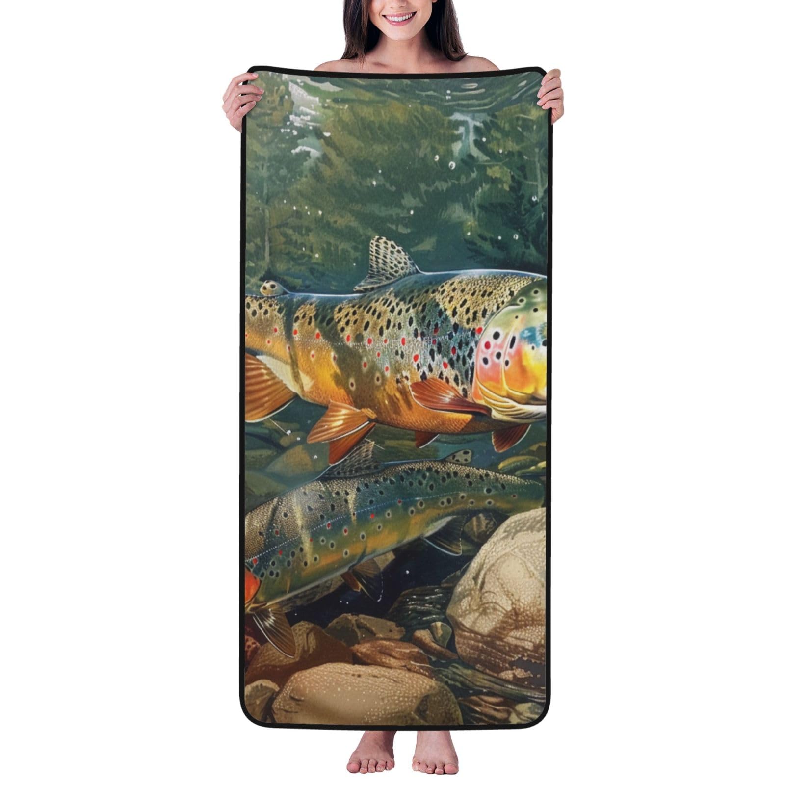 WPKJU Brook Trout Fly Fishing Printed Bath Towel with Black Edging - 27x55 in Soft Extra Absorbent Coral Velvet Shower Towels for Bathroom