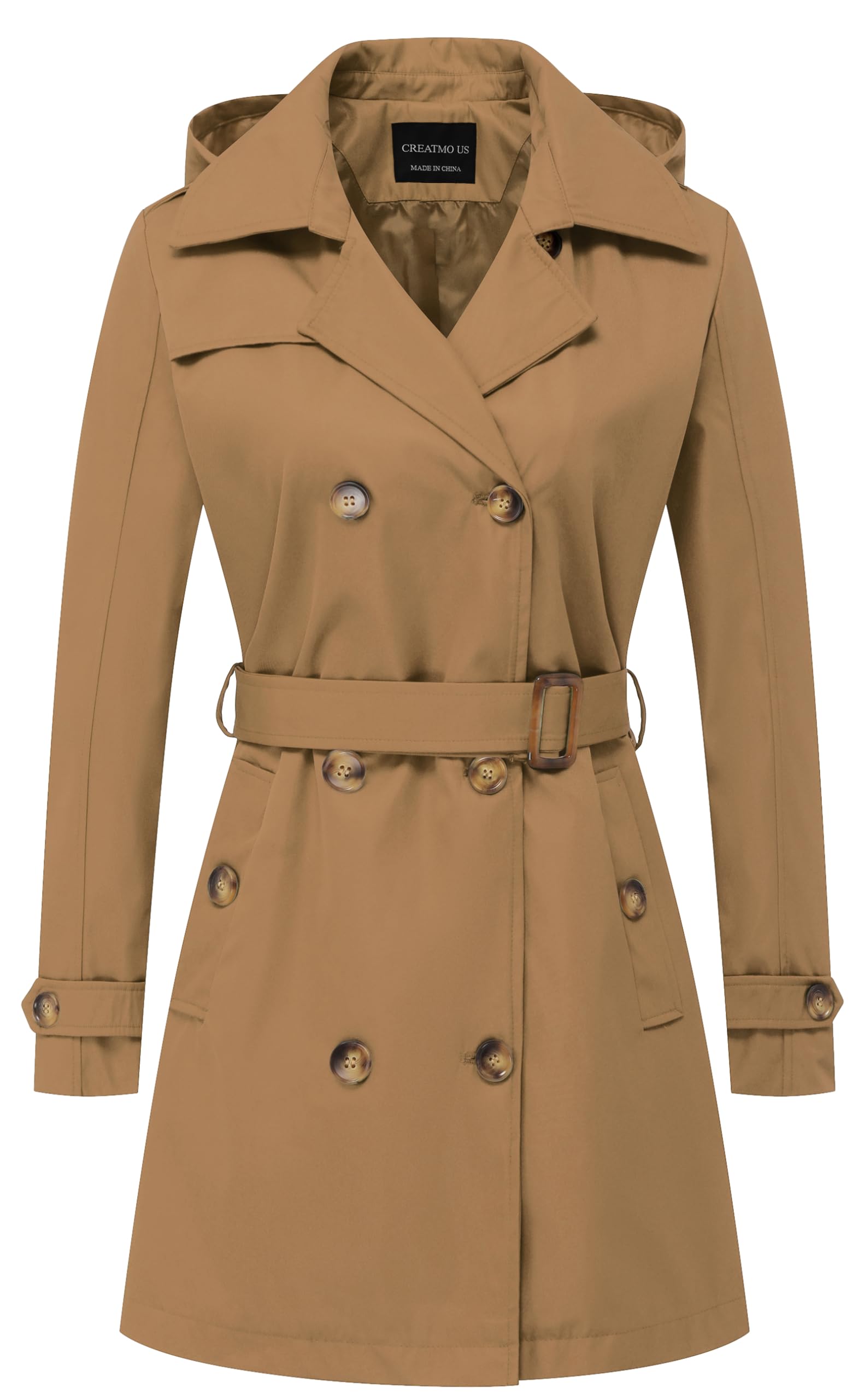 creatmo us Women's Trench Coat Double-Breasted Classic Lapel Overcoat Belted Slim Outerwear Coat with Detachable Hood, Camel, Medium-picture-31