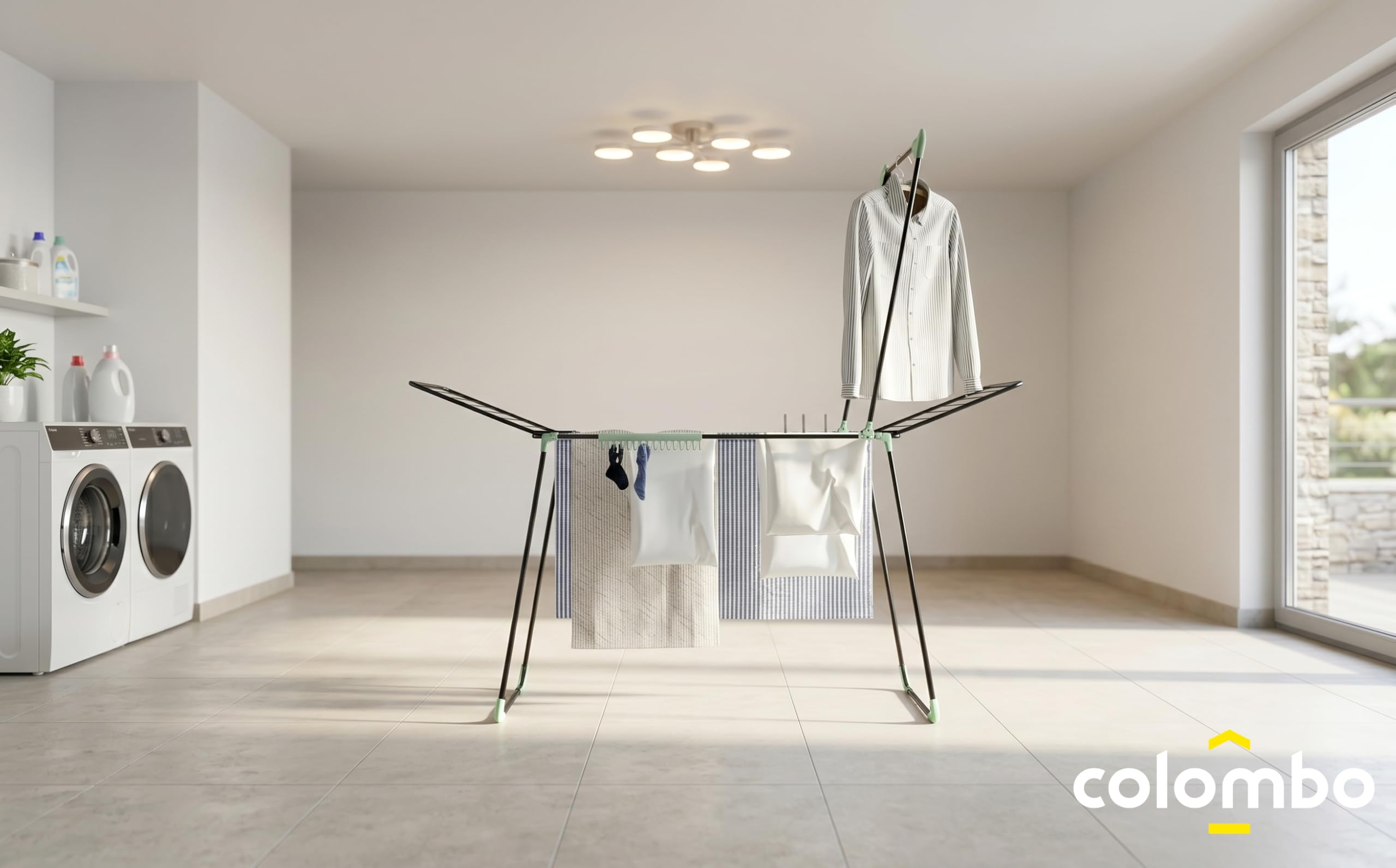 Colombo | Golden 30 Stendibiancheria a Ponte con 3 Grucce 30m Stenditura | Stendino Pieghevole con Ali, con Barra Porta Abiti e Porta Calzini | Acciaio Antiruggine | Include 3 Grucce | Made in Italy