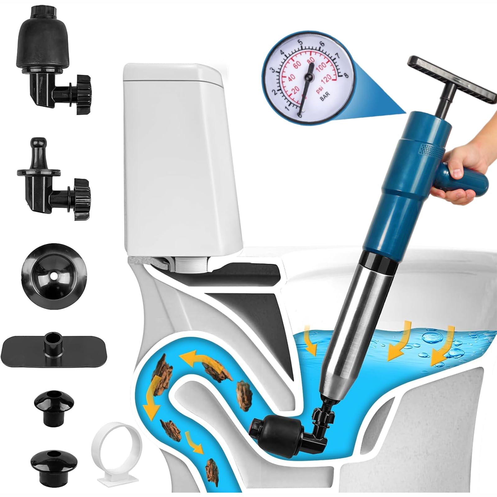 Déboucheur de canalisations à air comprimé - Déboucheur de canalisations haute pression avec compression d'air - 4 ventouses - Pour WC, lavabo, salle de bain, douche, cuisine - Indicateur de