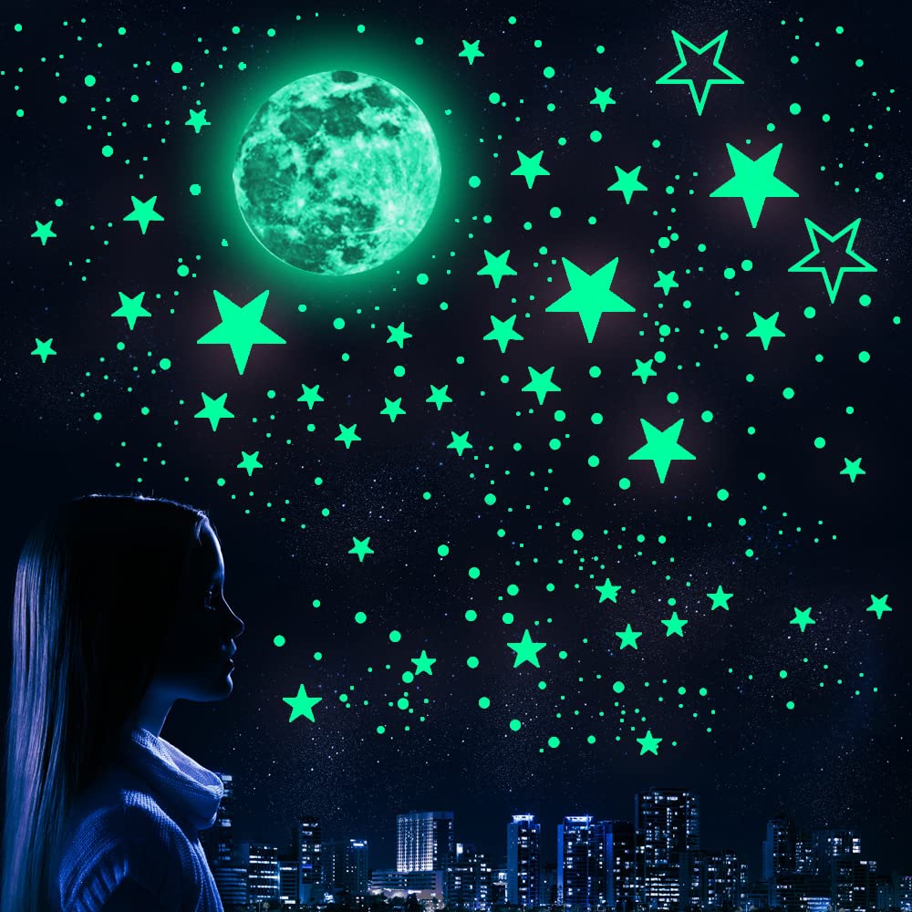 Autocollants phosphorescents lune 30cm et 436 étoiles vertes brillantes pour plafond