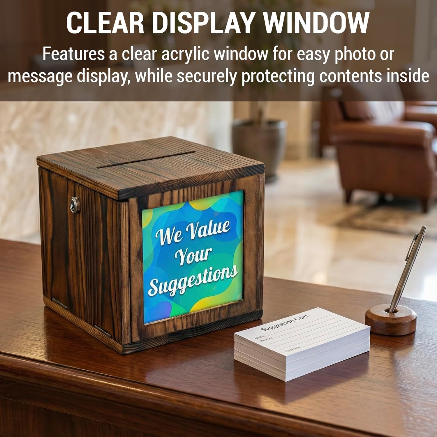 MyGift Tip Jar with Slot and Key, Suggestion and Voting Box, Donation Box for Fundraising, Prayer Box for Wedding, Church, Rustic Solid Wood with Clear Acrylic Photo Message Window