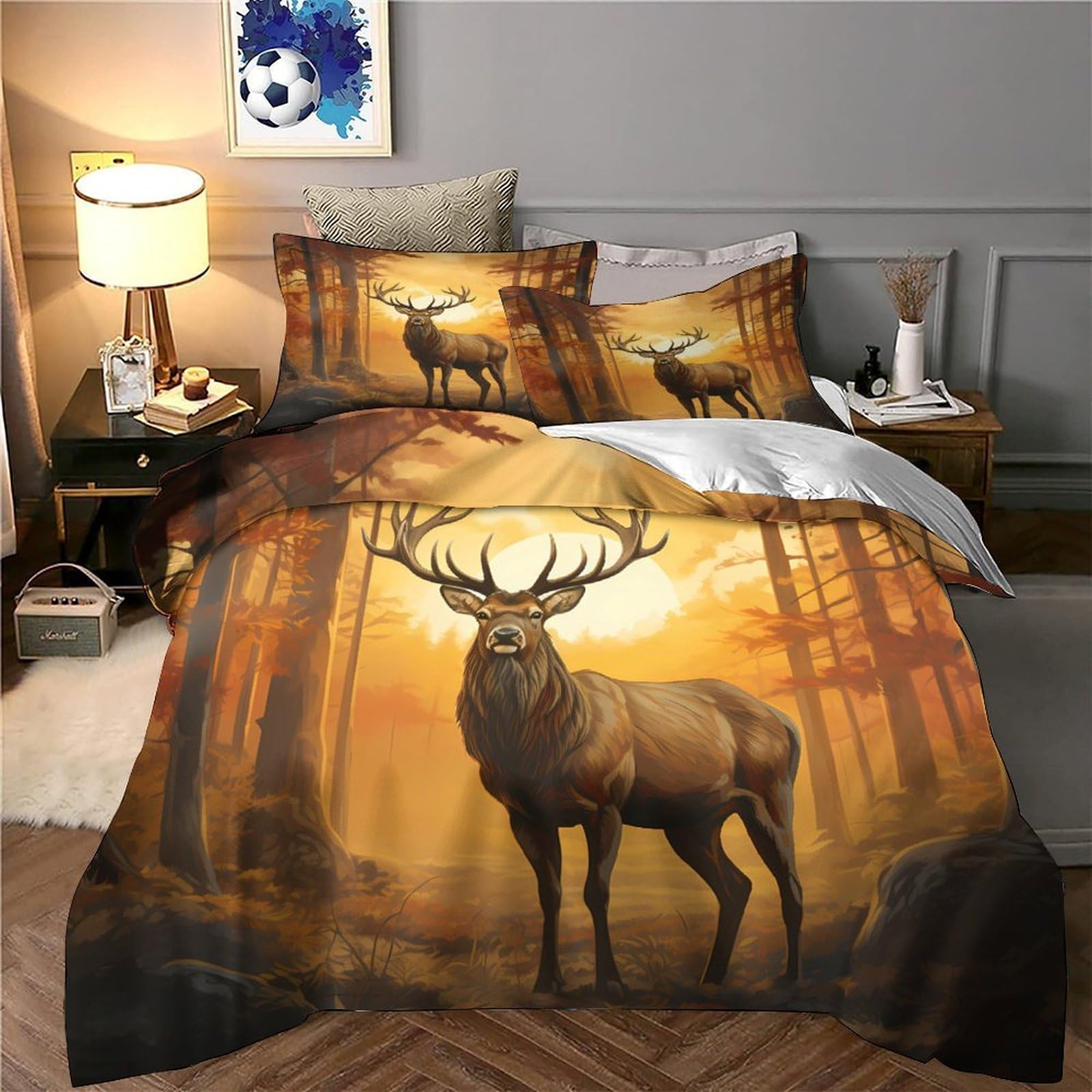 Cervo Silvestre Copripiumino 3D Stampato Microfibra Morbida Arredo Camera Set Biancheria Coppia Animali Foresta Traspirante per Adulti Giovani Super king（260x220cm）