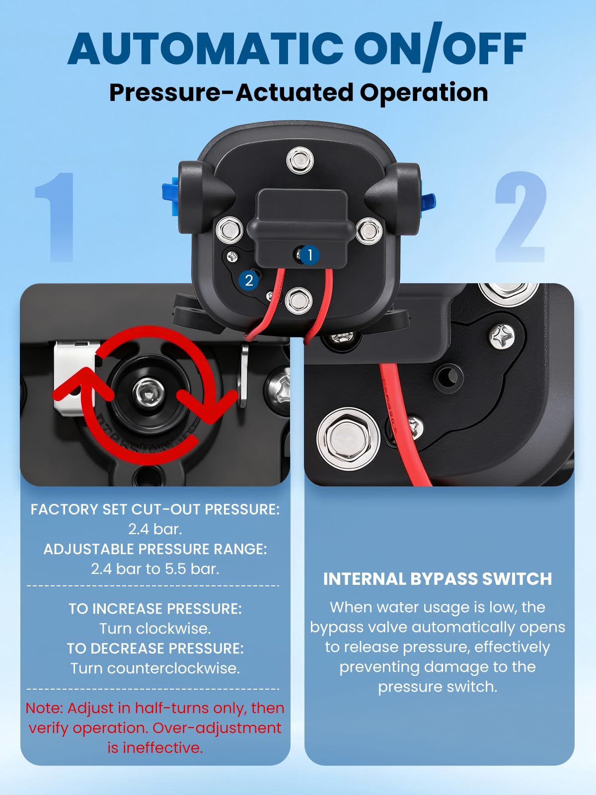 Mxmoonant 24V Automatische Wasserpumpe, Druckpumpe, 2.8Bar, 132W, 17L/Min, Selbstansaugend, Überlastungsschutz, Geräuscharm, Membranpumpe für Wohnmobil, Boot, Waschen, Bewässerung, Zirkulation