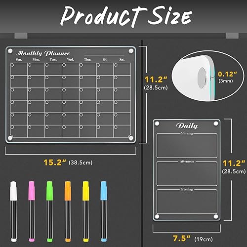 Miniatura 9 de DIYMAG Paquete de 3 calendarios magnéticos de acrílico de borrado en seco para refrigerador, juego de tablero de planificación de calendario