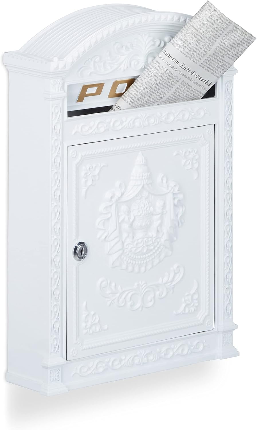 Relaxdays Antique Letterbox, 44.5 x 31 x 9.5 cm, English-Style Wall-Mount Mailbox, Cast Aluminum, for DIN A4 Letters, with Roof, White