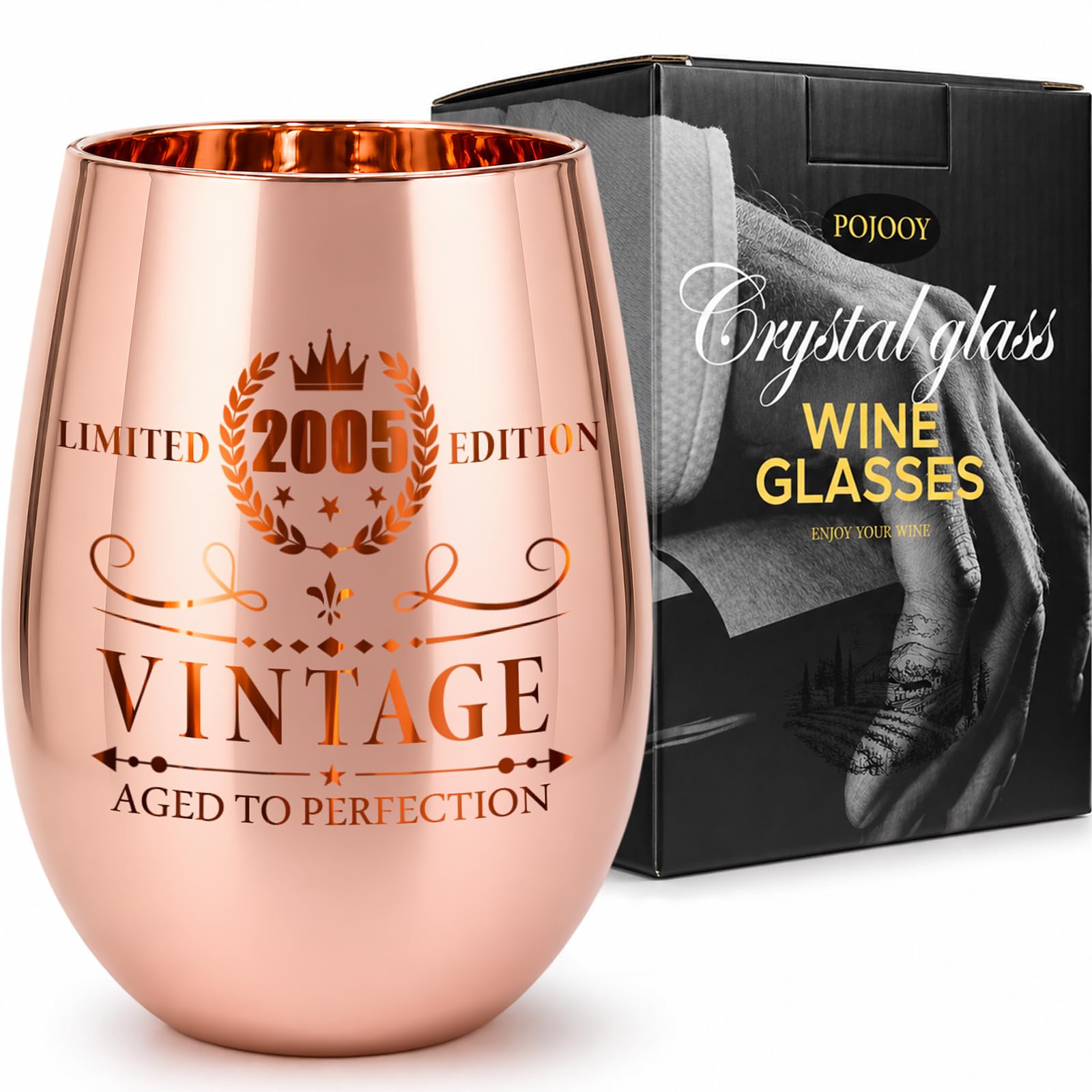 Rose Gold Vintage 2005 Wine Glass - 21st Birthday Gifts for Female - 18oz