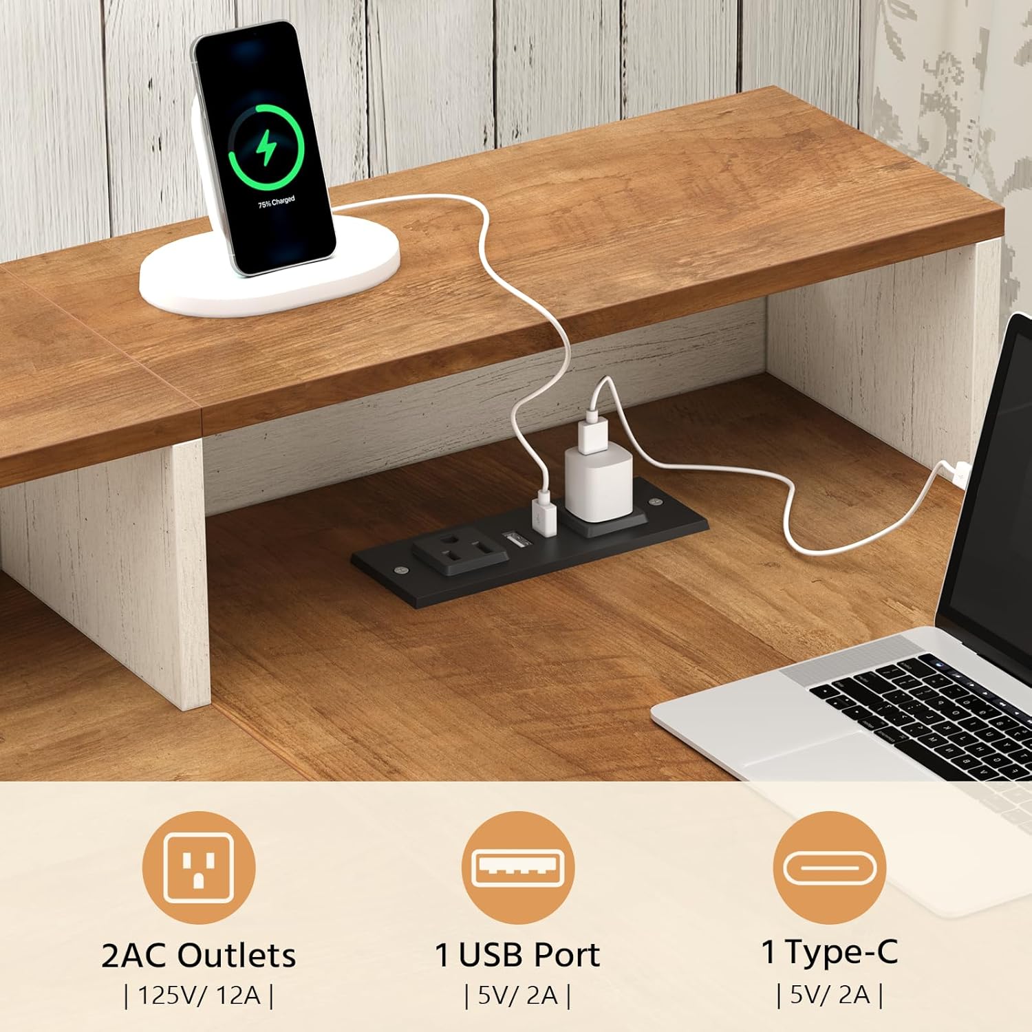 YOMILUVE Farmhouse L Shaped Desk, 61" Home Office Desk with Drawers and Storage Shelves, L Shaped Computer Desk with Power Outlet, Executive Desk with Monitor Stand, Printer Shelf, Brown and White