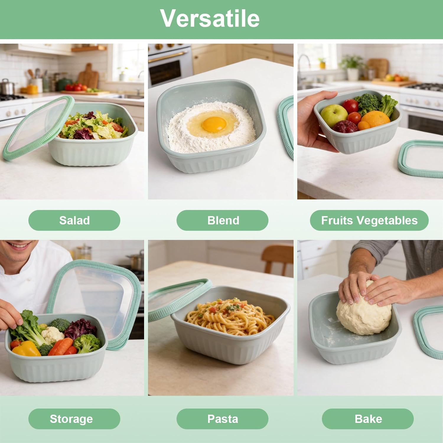 Serving Bowls with Lids - 4 Piece Wide and Deep Nesting Plastic Small Mixing Bowl Set with Lids, BPA-Free Square Food Storage Containers for Fridge Organization, Microwave & Freezer Safe