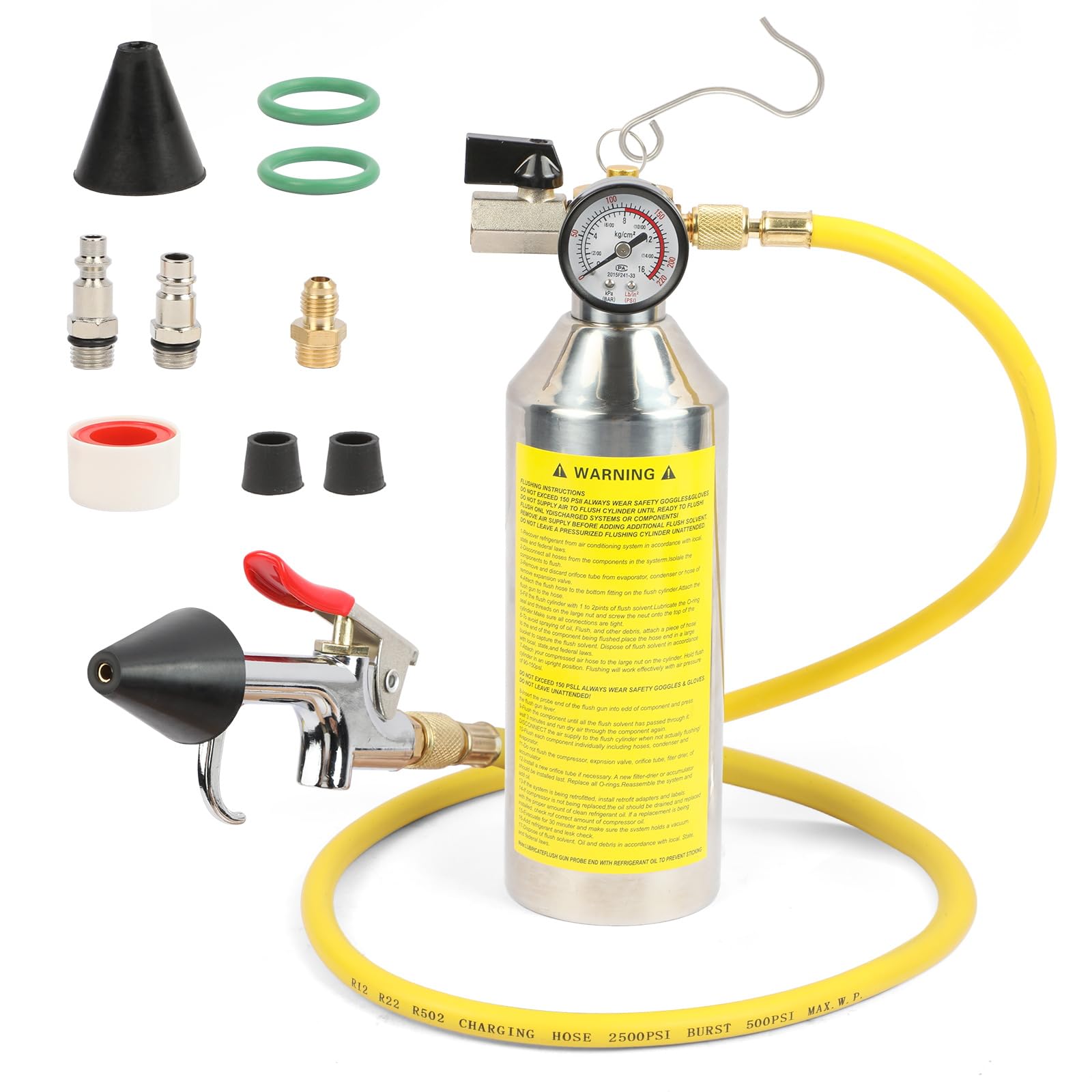YUANRI AC Flush Kit Home A/C Flush Tool Automotive A/C Flush Kit House AC Flushing Kit 1L Stainless Steel Bottle R134A R12 R22 R404 R410A Air Conditioner System Flush Canister Kit Clean Tool Set