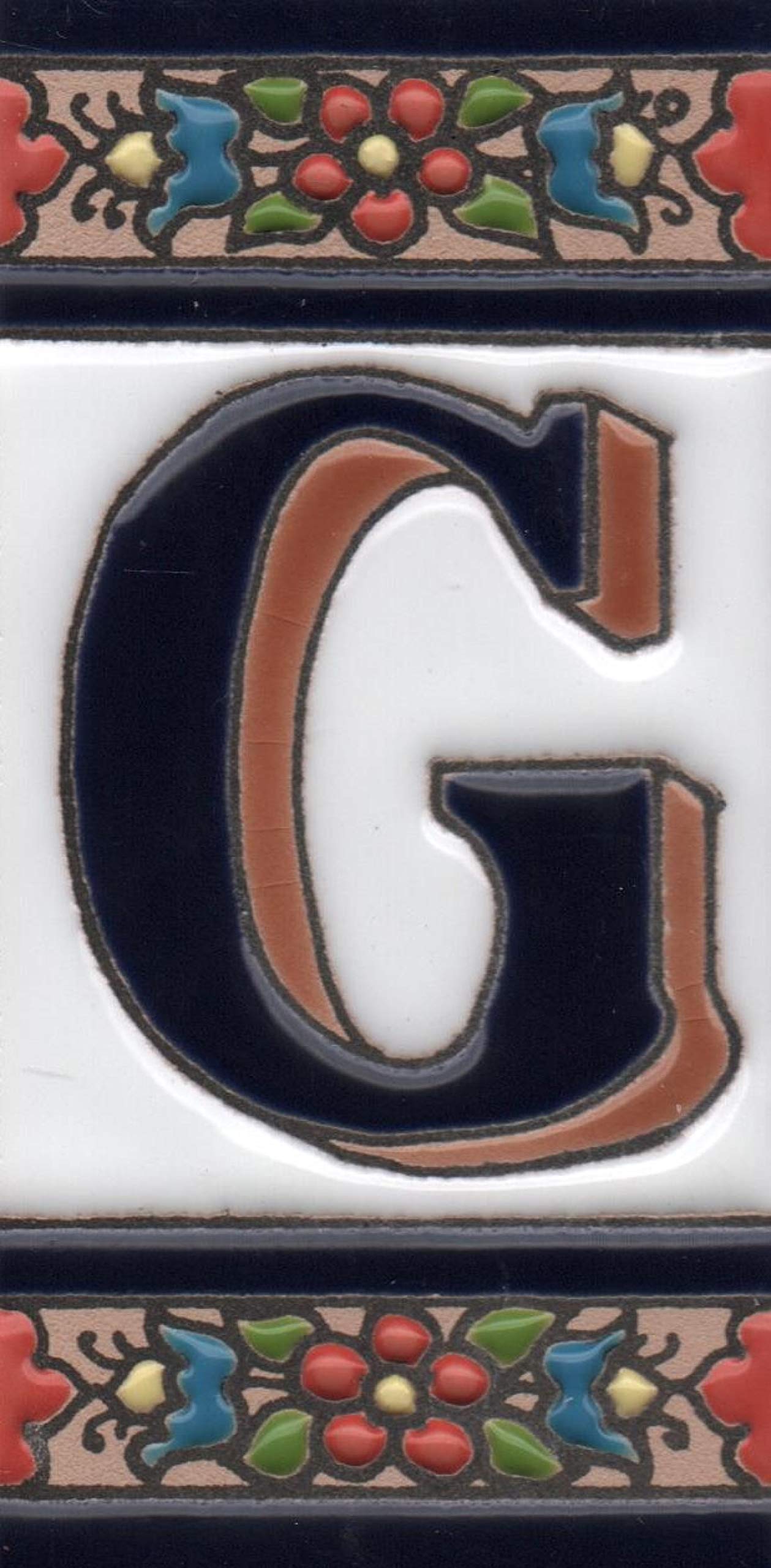 House Numbers Ceramic Numbers & Letters Tiles Red Blue & Green Floral Design Tile Size: 11cm x 5.5cm (Letter G) — image 1
