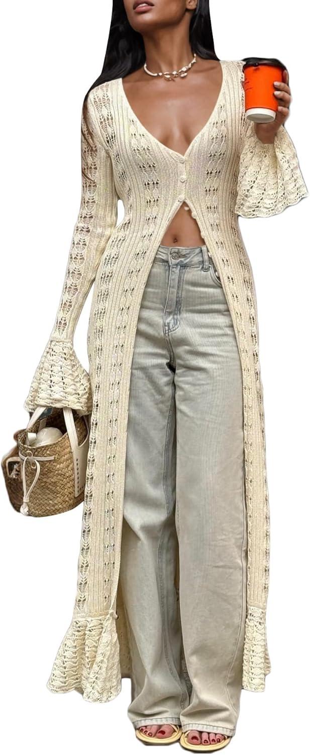 Unybwonn Long Cardigans for Women Crochet Hollow Out Knit Sweater Cover up Maxi Dress Long Sleeve Button Down Cardigan