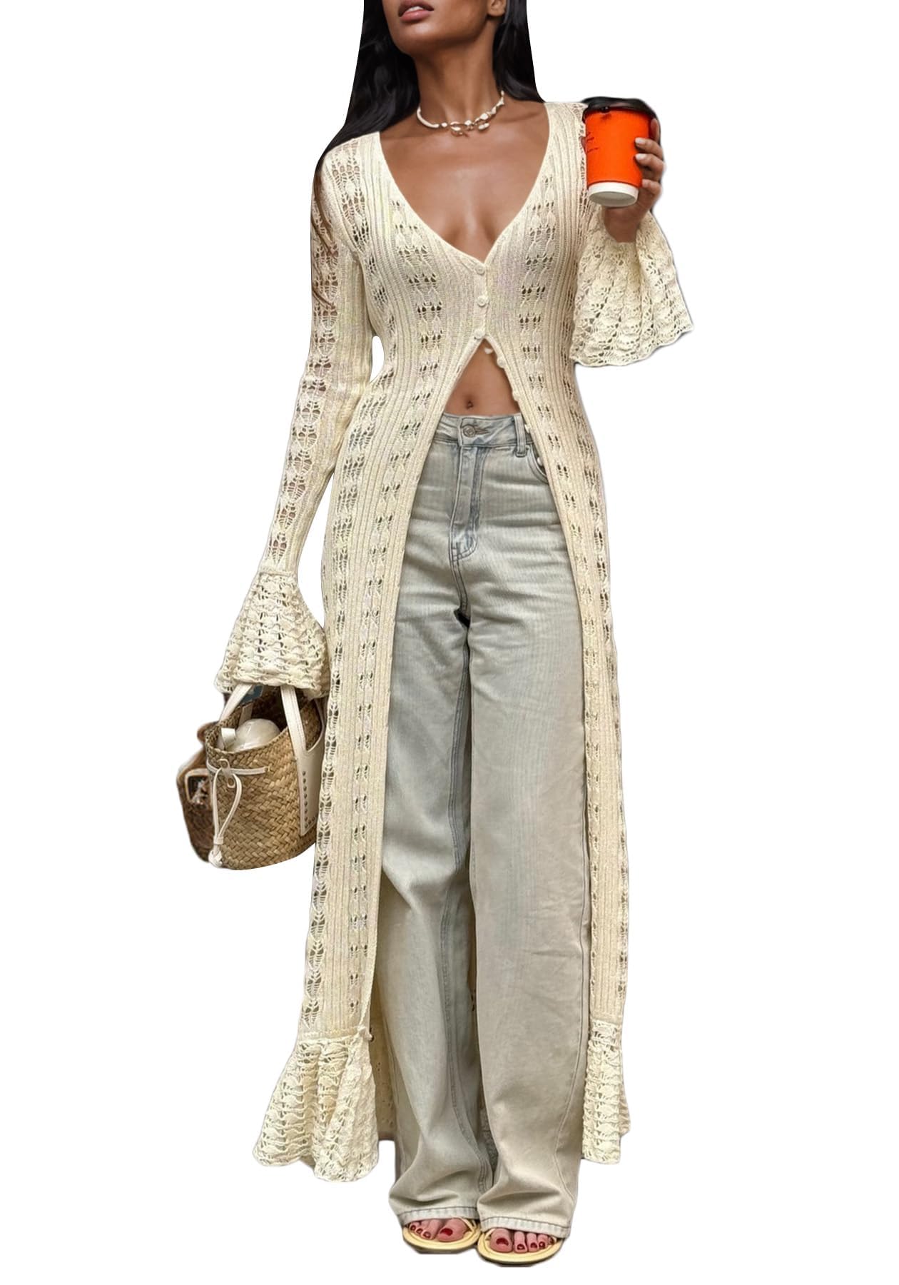 Unybwonn Long Cardigans for Women Crochet Hollow Out Knit Sweater Cover up Maxi Dress Long Sleeve Button Down