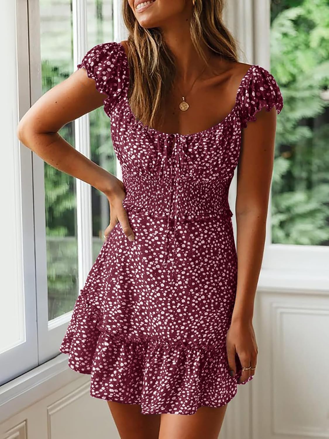 YOBECHO Womens Summer Sexy Sweetheart Collar Printed Ruffle Mini Dress - Image 2