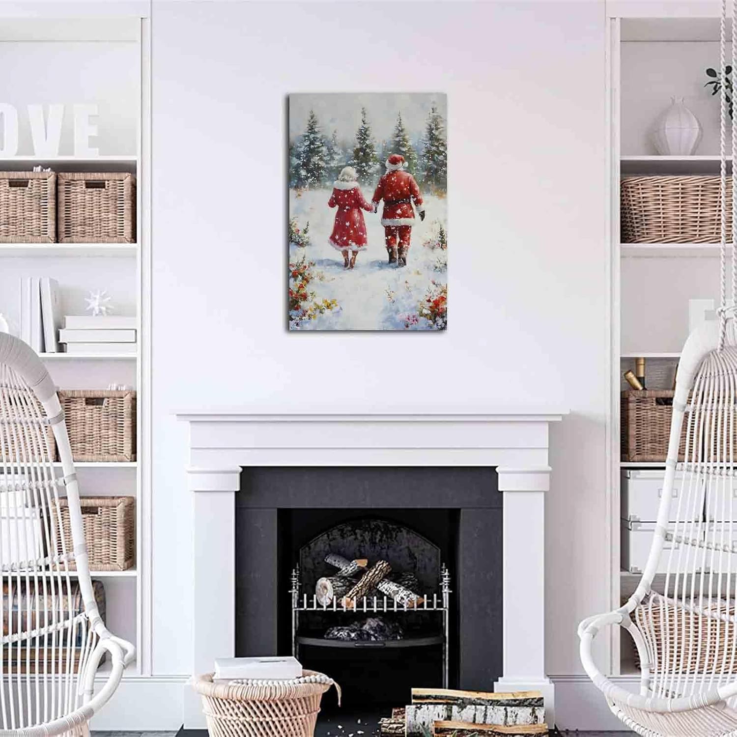NTEUMM Santa Claus and Mrs Claus Wall Art, Father Christmas Artwork on Canvas, Vintage Santa Print, Christmas Home Wall Decor - Wooden Frame, 8x12 inch
