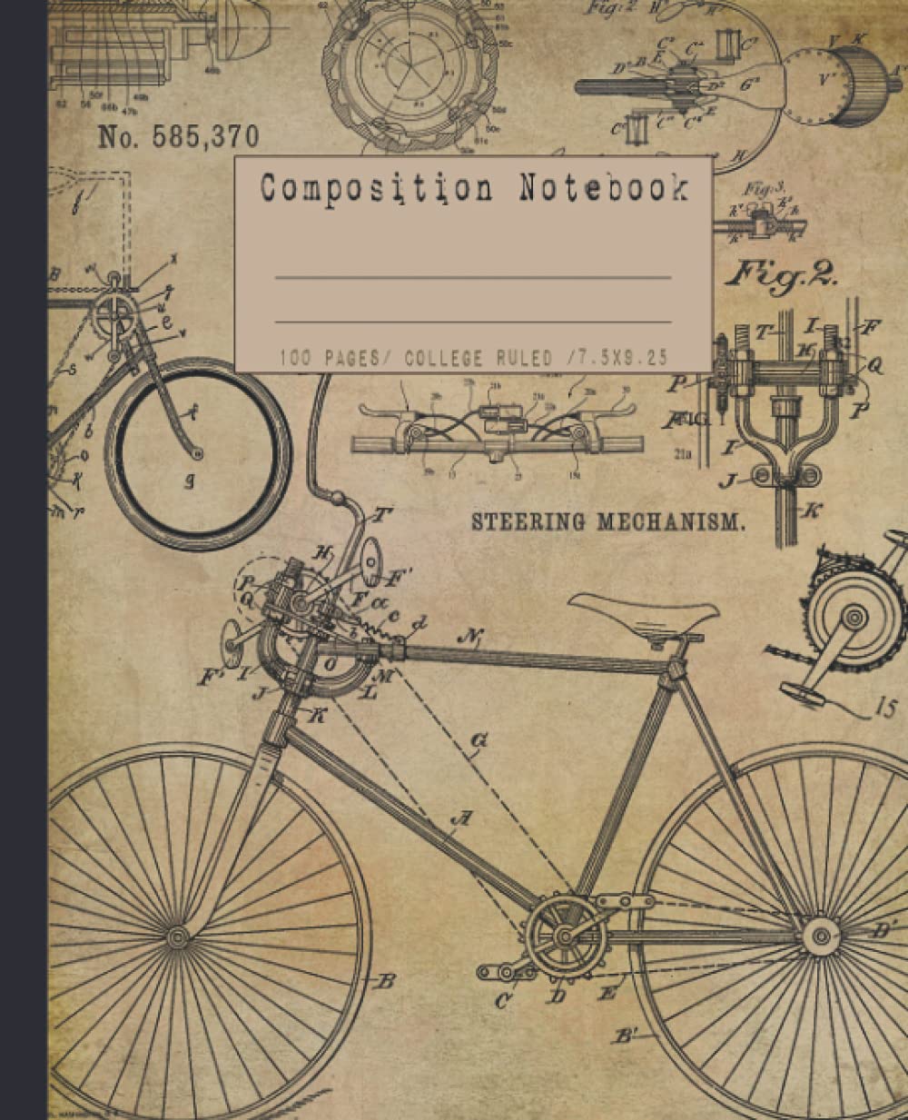 Bike composition notebook: Vintage bicycle college ruled notebook. cycling Patent blueprint diagram design. cycle lover gifts