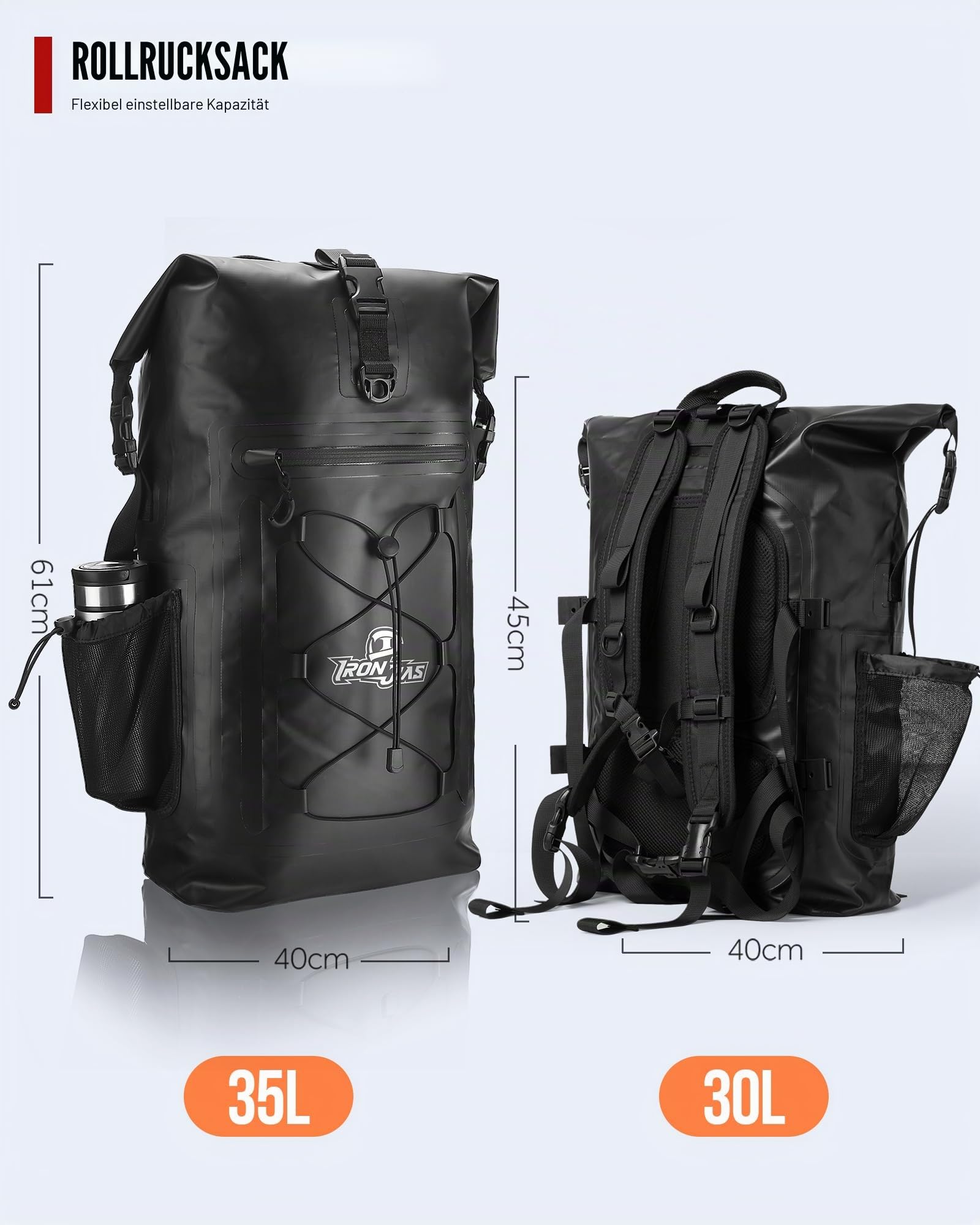 Grapelet Motorrad Rucksack，Wasserdicht Motorrad Rucksack 40L，Motorradrucksäcke für Herren，Rolltop Rucksack mit abnehmbaren Schultergurten PVC500D schwarz Dry Bag mit Seitentasche