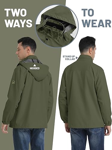 Vista 4 de TACVASEN Chaqueta impermeable ligera para hombre, rompevientos con capucha, resistente al agua, para exteriores, senderismo, viajes, campamento