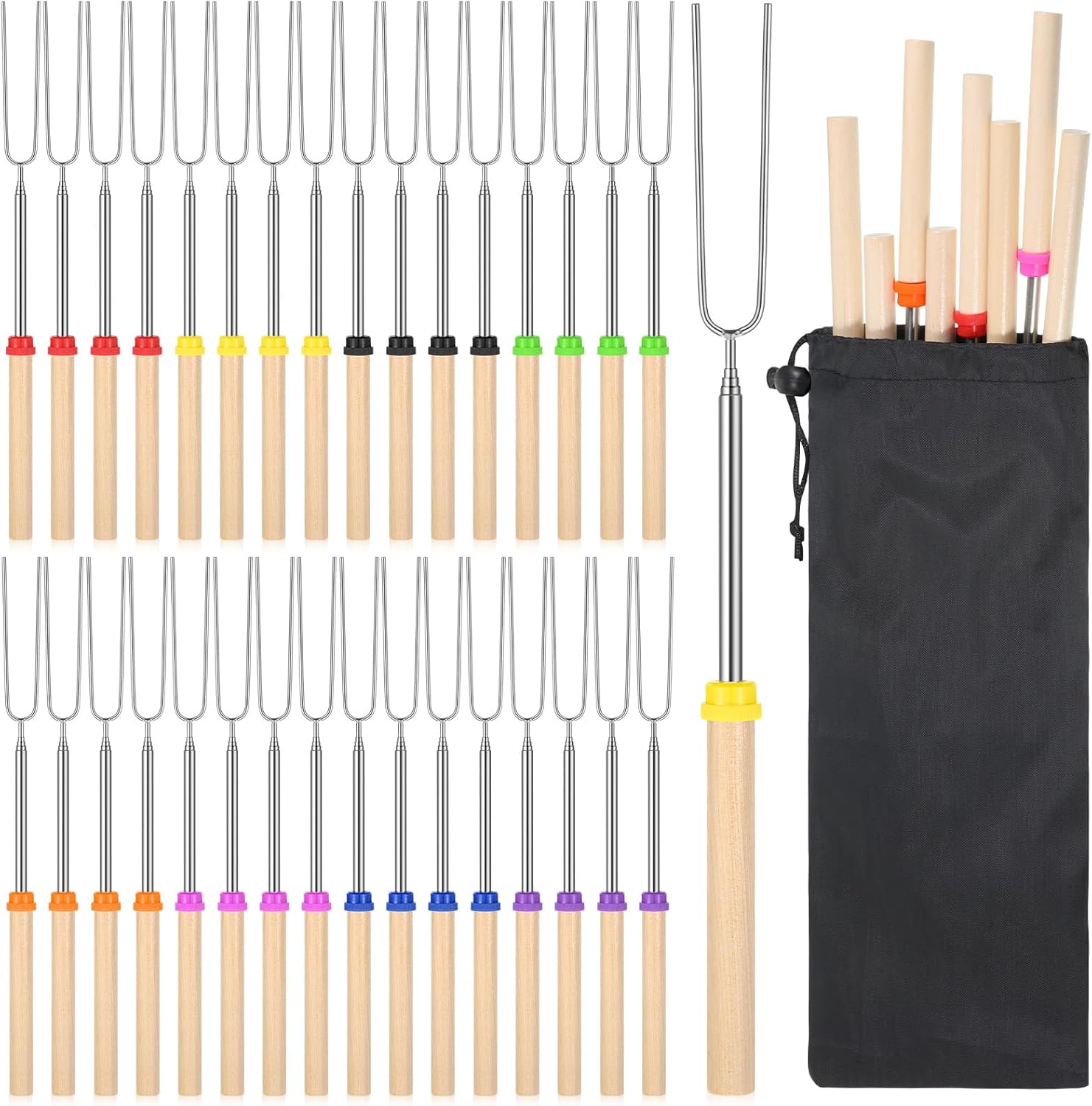 32 Pack Marshmallow Roasting Sticks Bulk 32 Inch Smores Kit for Fire Pit Extendable Metal Barbecue Skewers Hot Dog Fork for Marshmallow, Hot Dogs, Camping, BBQ, Grill