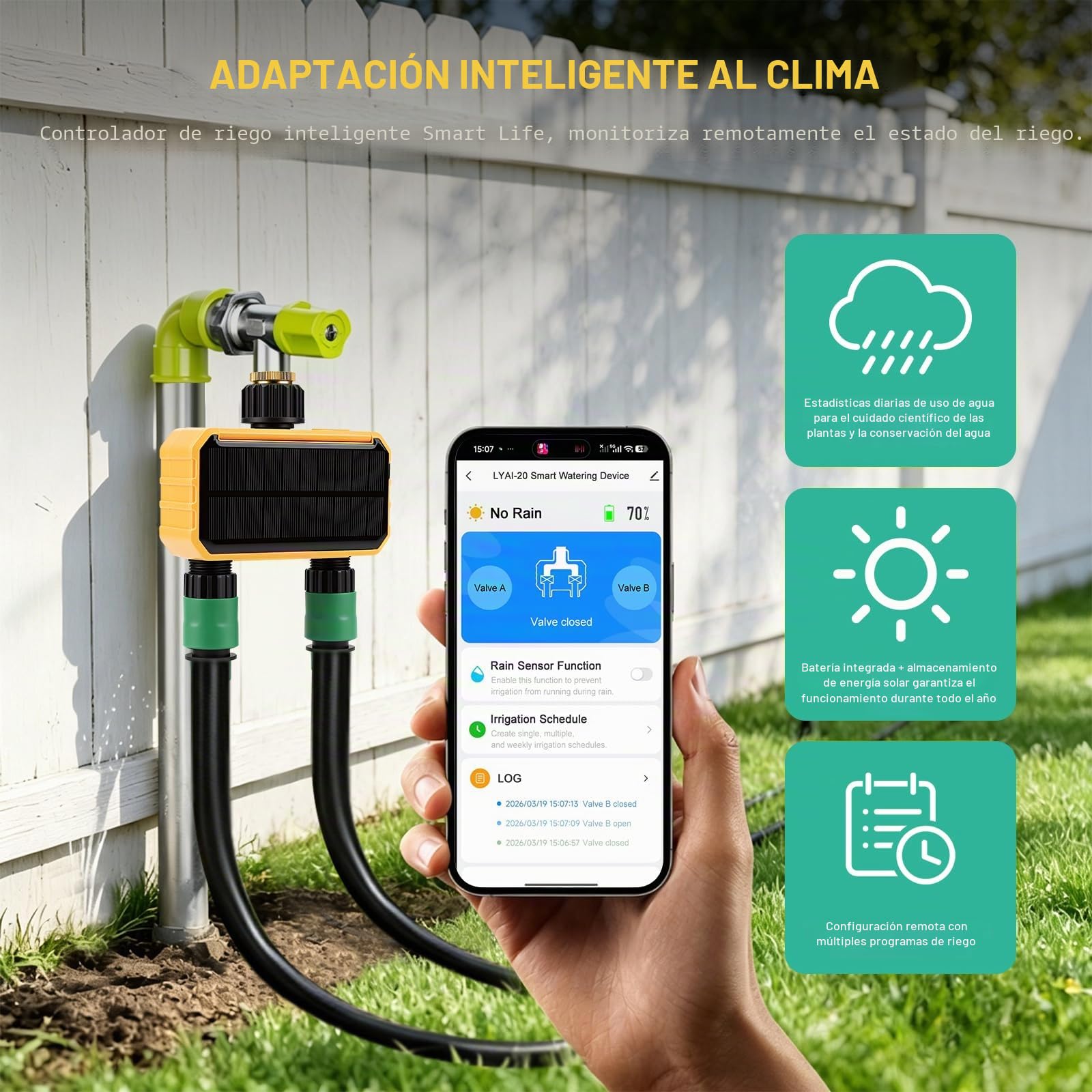Programadores de Riego WiFi de 2 Zonas,Temporizador de Riego Automático WiFi Solar Control Remoto con Función de Retardo por Lluvia,para Jardines,Invernaderos