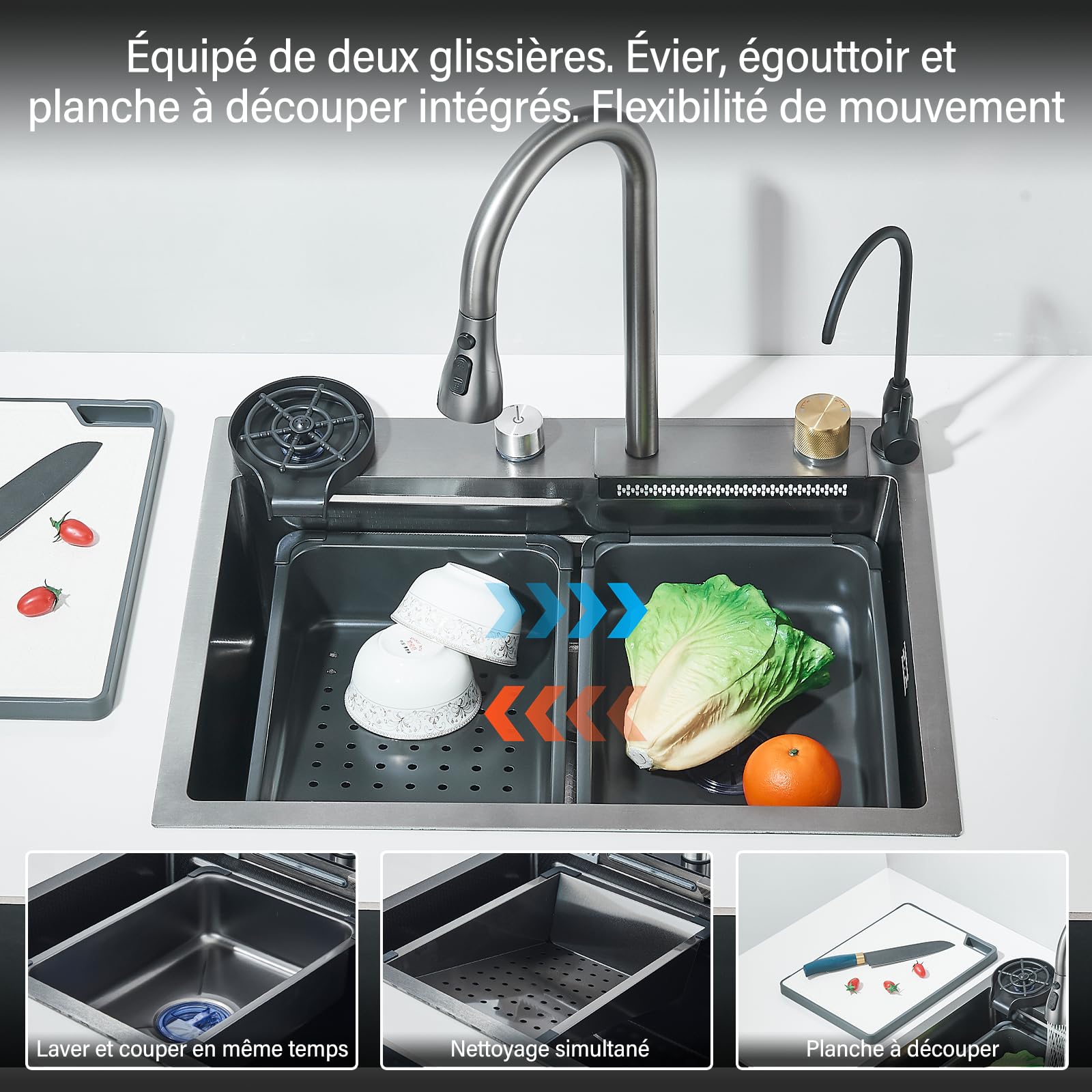 Lavello da cucina multifunzione con alta pressione, rubinetto estraibile e acqua pura risciacquo, 60 x 45 x 21 cm, automatico lavello 1 vassoio con scolapiatti