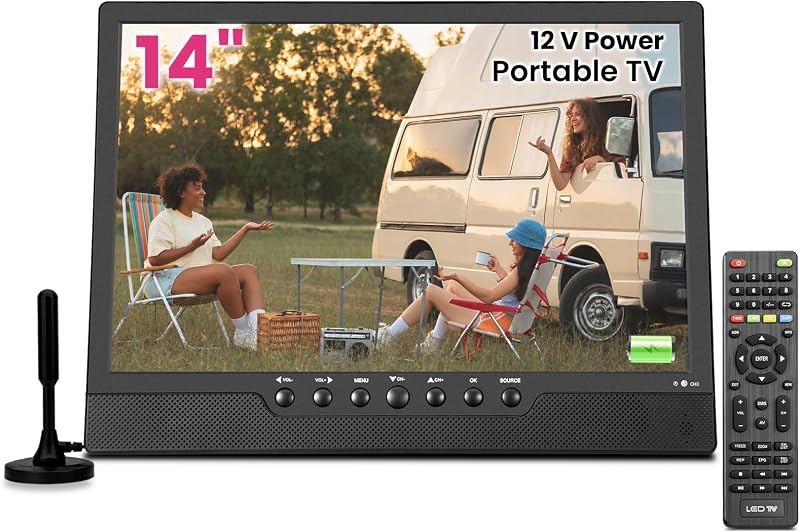 14 Inch Portable Rechargeable TV with Built-in Battery, Small HD TV, ATSC Digital Tuner, HDMI/USB/AV in, Stereo Speakers, Remote, AC Adapter & 12V Car Charger for RV, Camping & Travel