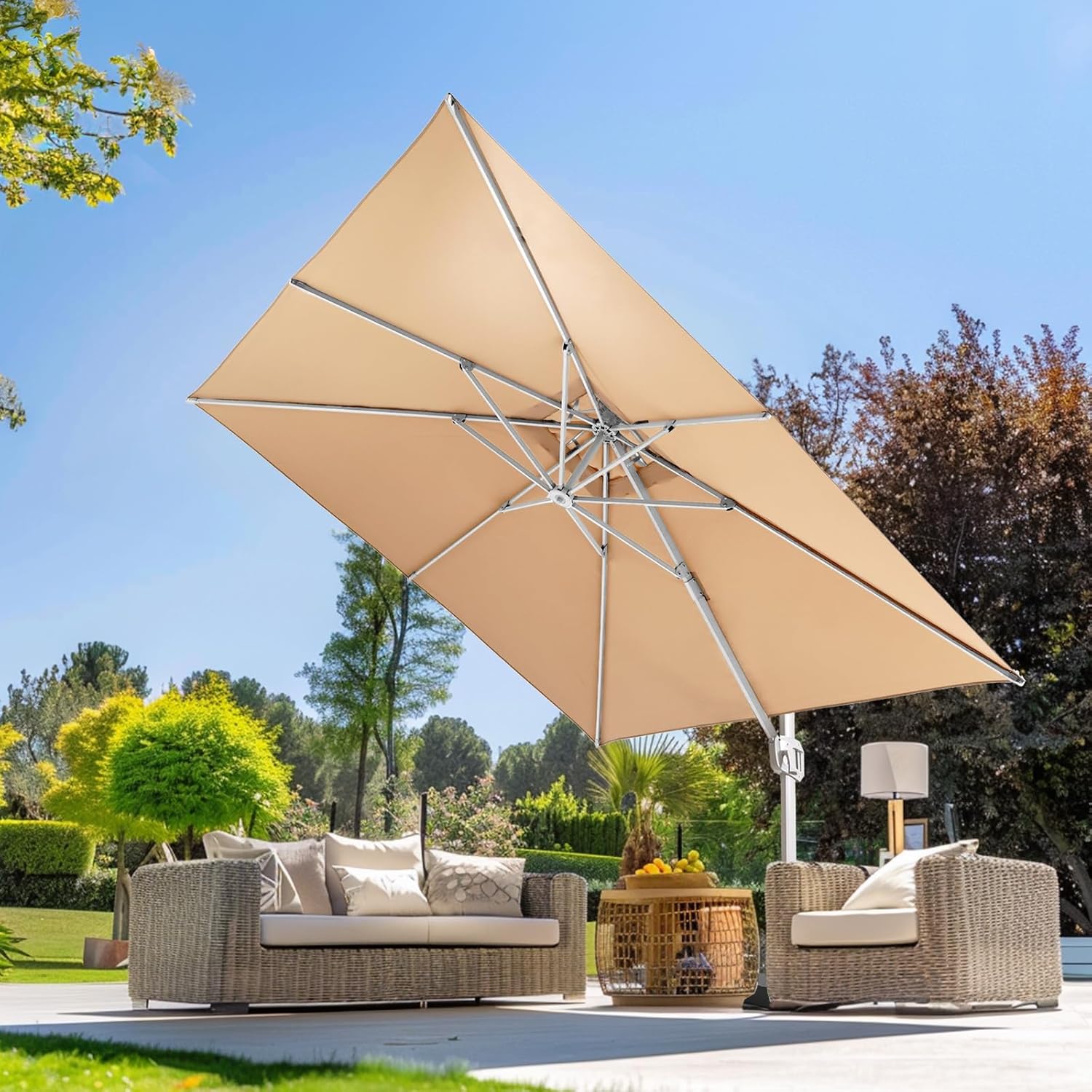 wikiwiki 10x10FT 2 Tiers Cantilever Patio Umbrella, Offset Umbrella Outdoor Patio with 360° Rotation and Unlimited Tilting System, Heavy Duty Umbrella with Cross Base, Beige