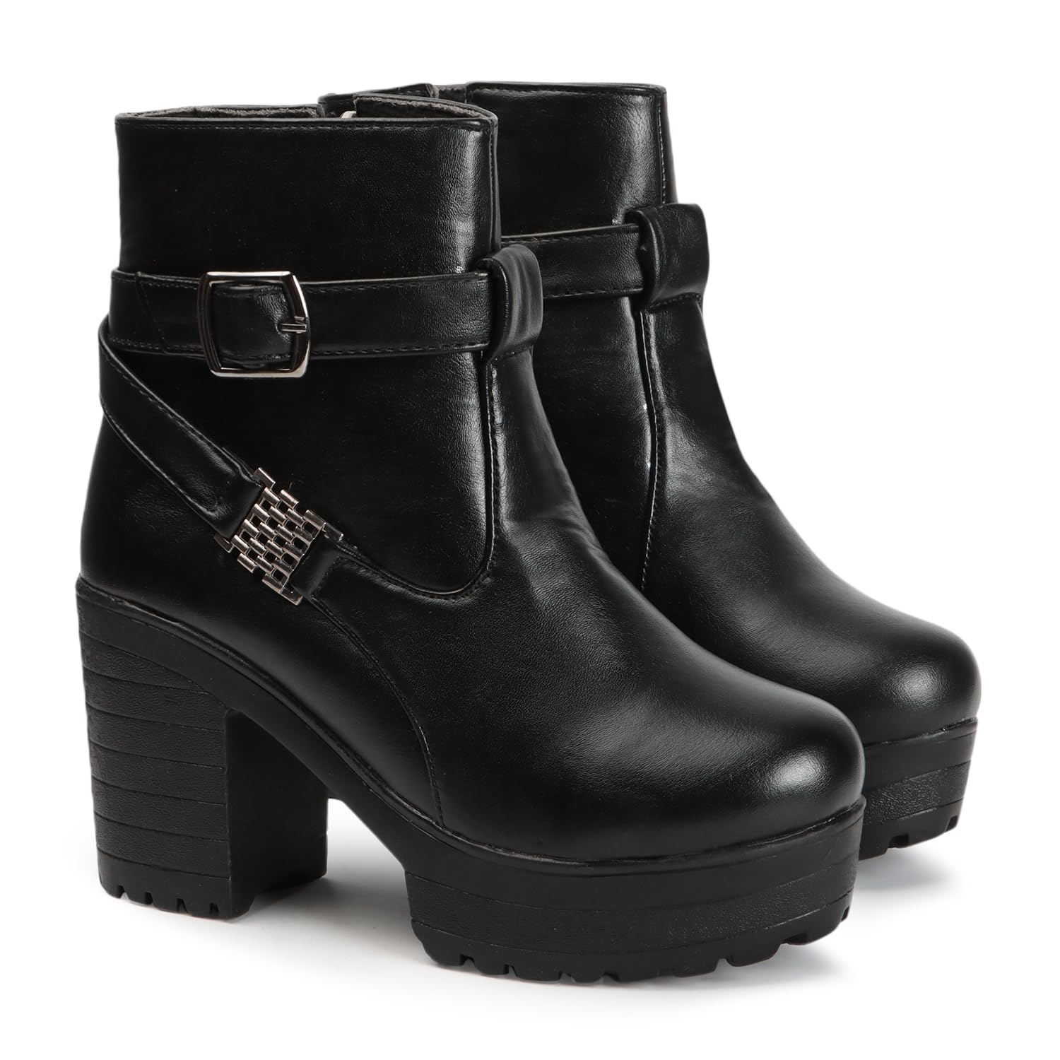 Women's Stylish Black Platform Ankle Boots with Bold Buckle Strap Design, Boot for Women-image-23