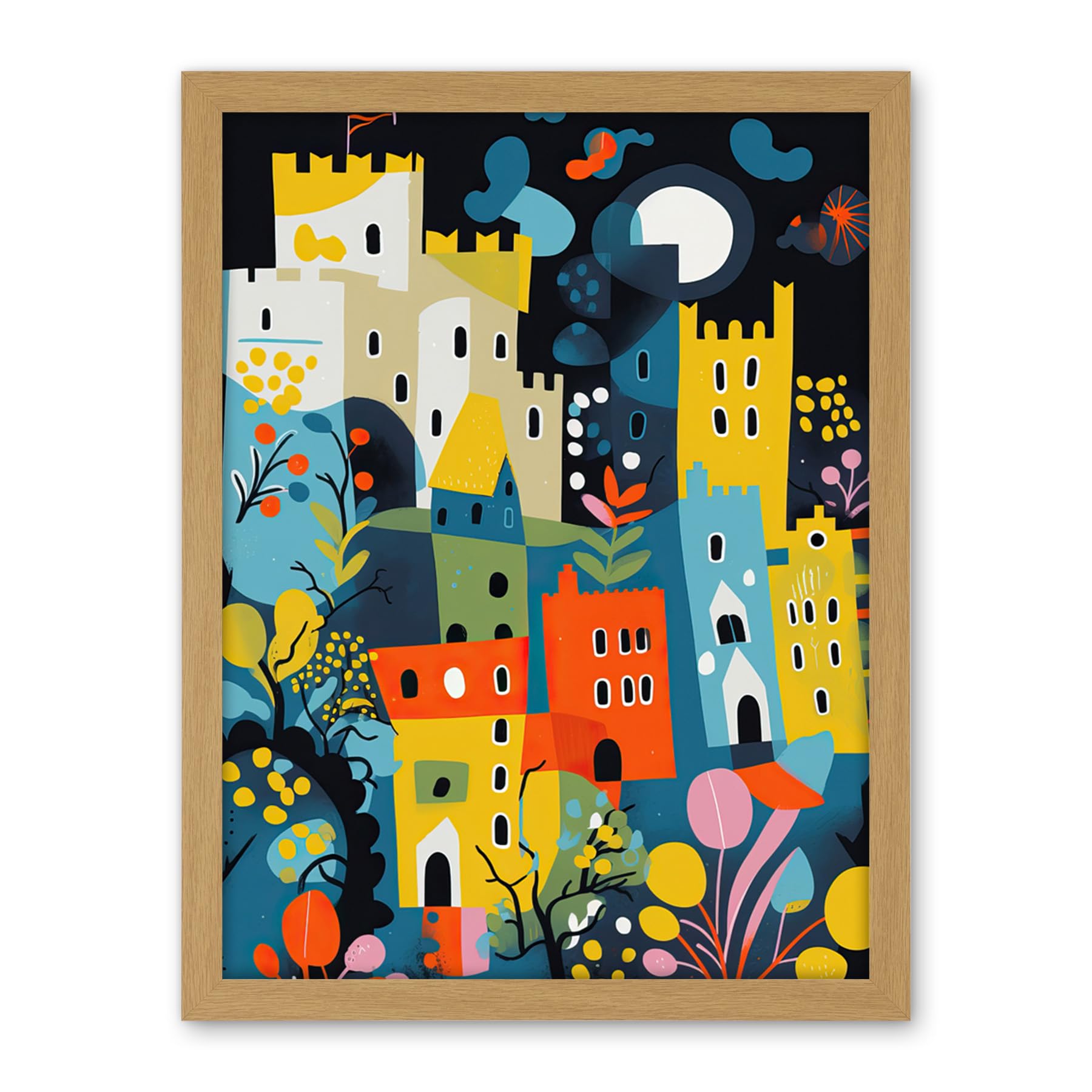 Artery8 Nottingham at Night Abstract Folk Art Cityscape Artwork Framed Wall Art Print 18X24 Inch