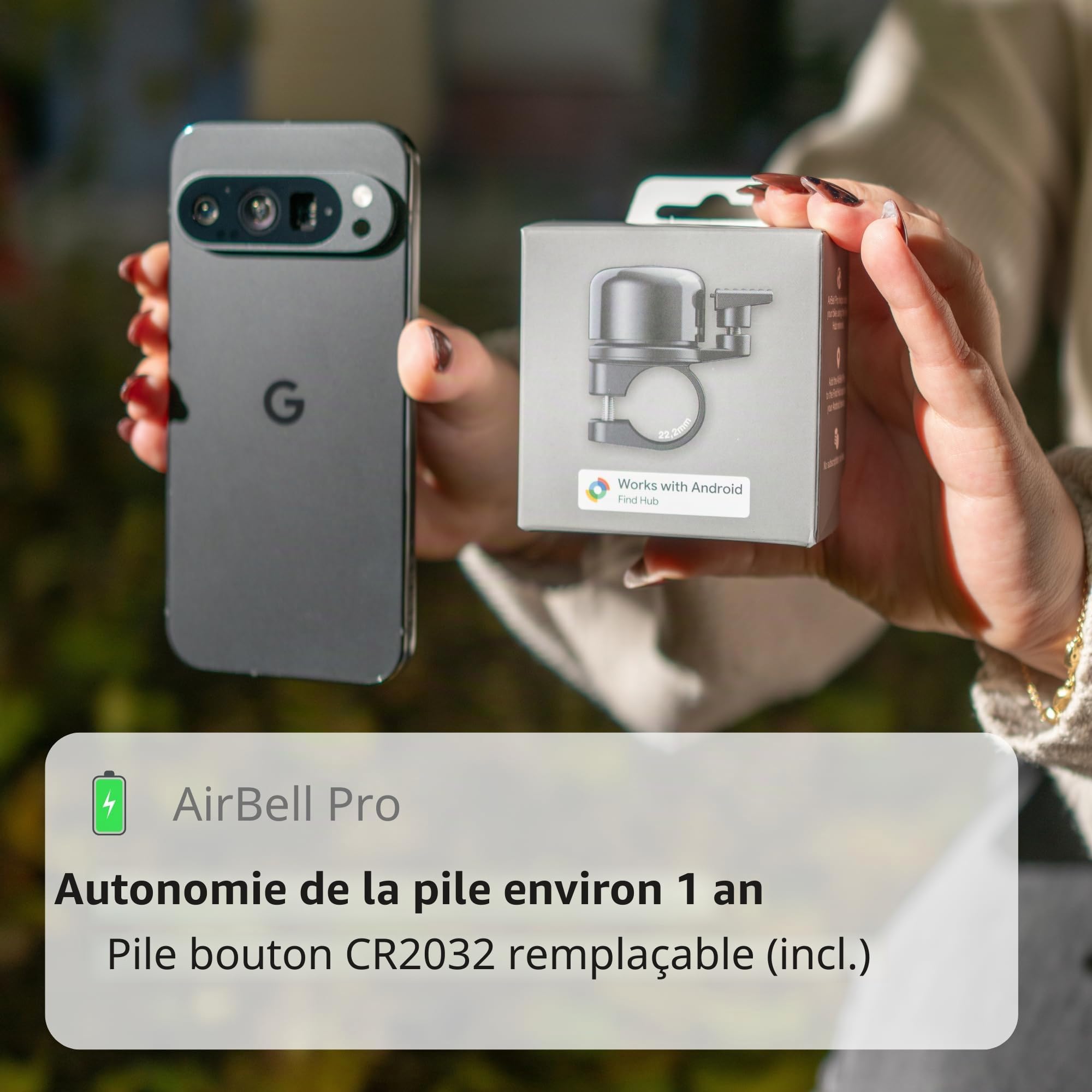 AirBell Pro - Sonnette de vélo pour Android - Avec traceur intégré - Compatible avec Google Mon appareil de recherche réseau (guidon standard de 22,2 mm)