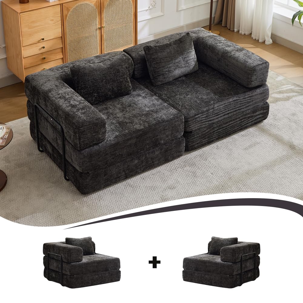Divano da pavimento compresso 200x100 cm in ciniglia Nero, letto convertibile con struttura fissa, modulare boneless DIY, senza montaggio, per soggiorno e camera