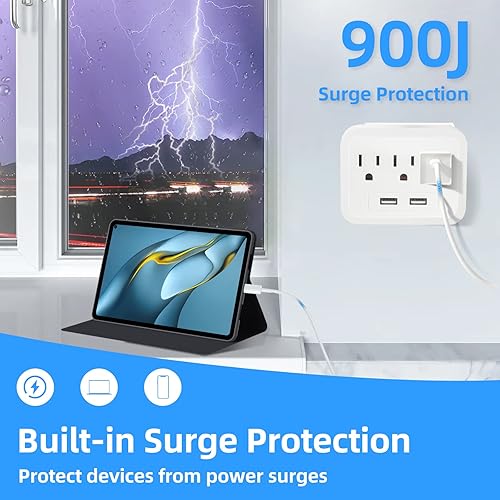 Miniatura 3 de Protector contra sobretensiones de pared, 3 salidas de CA y 2 puertos USB con protección premium, divisor de salida de montaje en pared, estación de