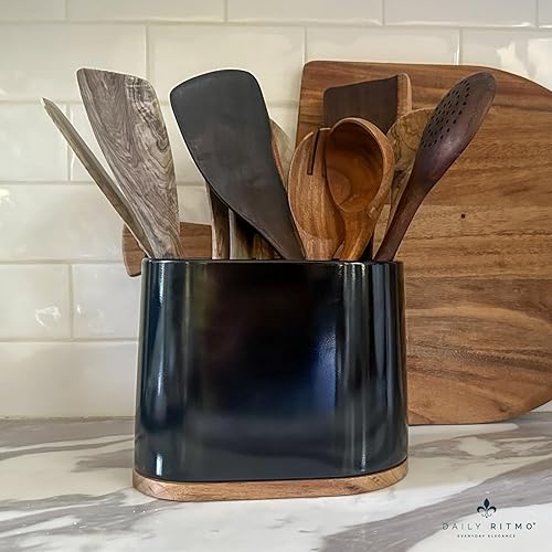 Miniatura 5 de DAILY RITMO Soporte para utensilios ovalado grande negro con base de bambú y divisor