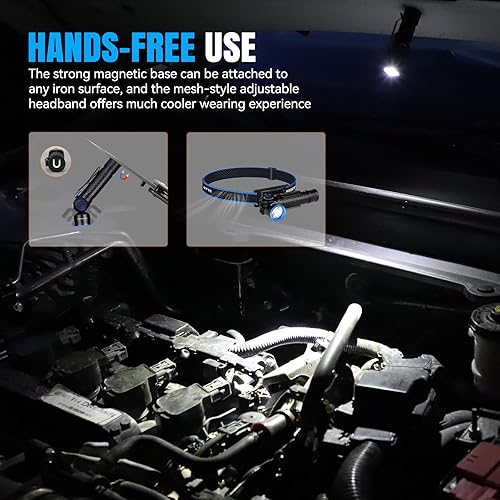 Miniatura 13 de Brinyte Linterna frontal recargable HL16, luz de trabajo LED ajustable de 0-90° con base magnética, linterna de cabeza manos libres para reparación