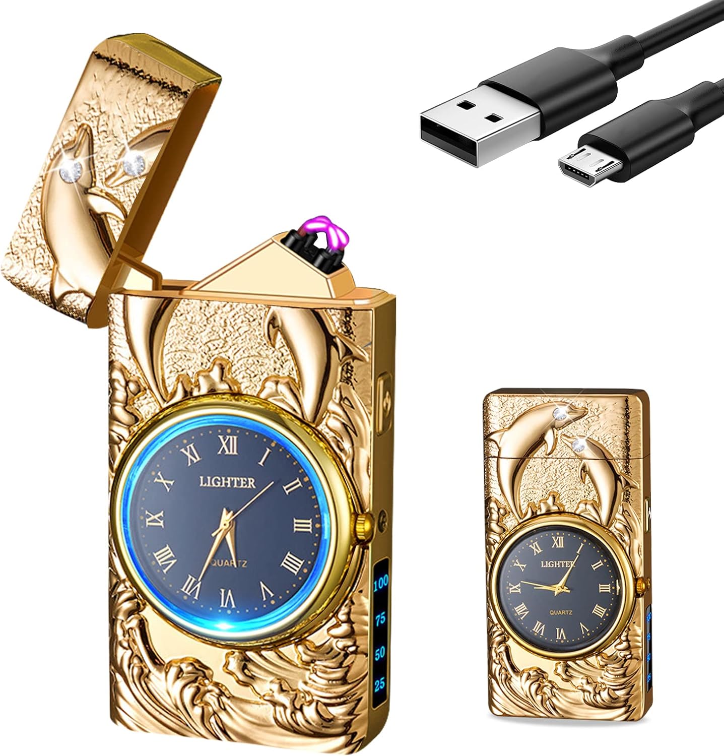 SKRFIRE Electric Rechargeable Watch Lighter for Dolphin, USB Arc lighters,Fashion Dragon Metal Lighters LED Lighting for Candles Gifts (Gold Dolphin)