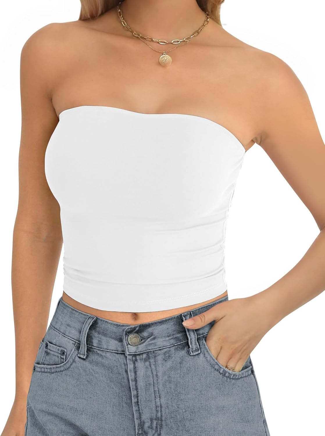 AURUZA Tube Tops for Women, Strapless Double Lined Tank Tops, Sleeveless Going Out Backless Bandeau Summer Sexy Crop Tank Top (Cream, S) - Image 3