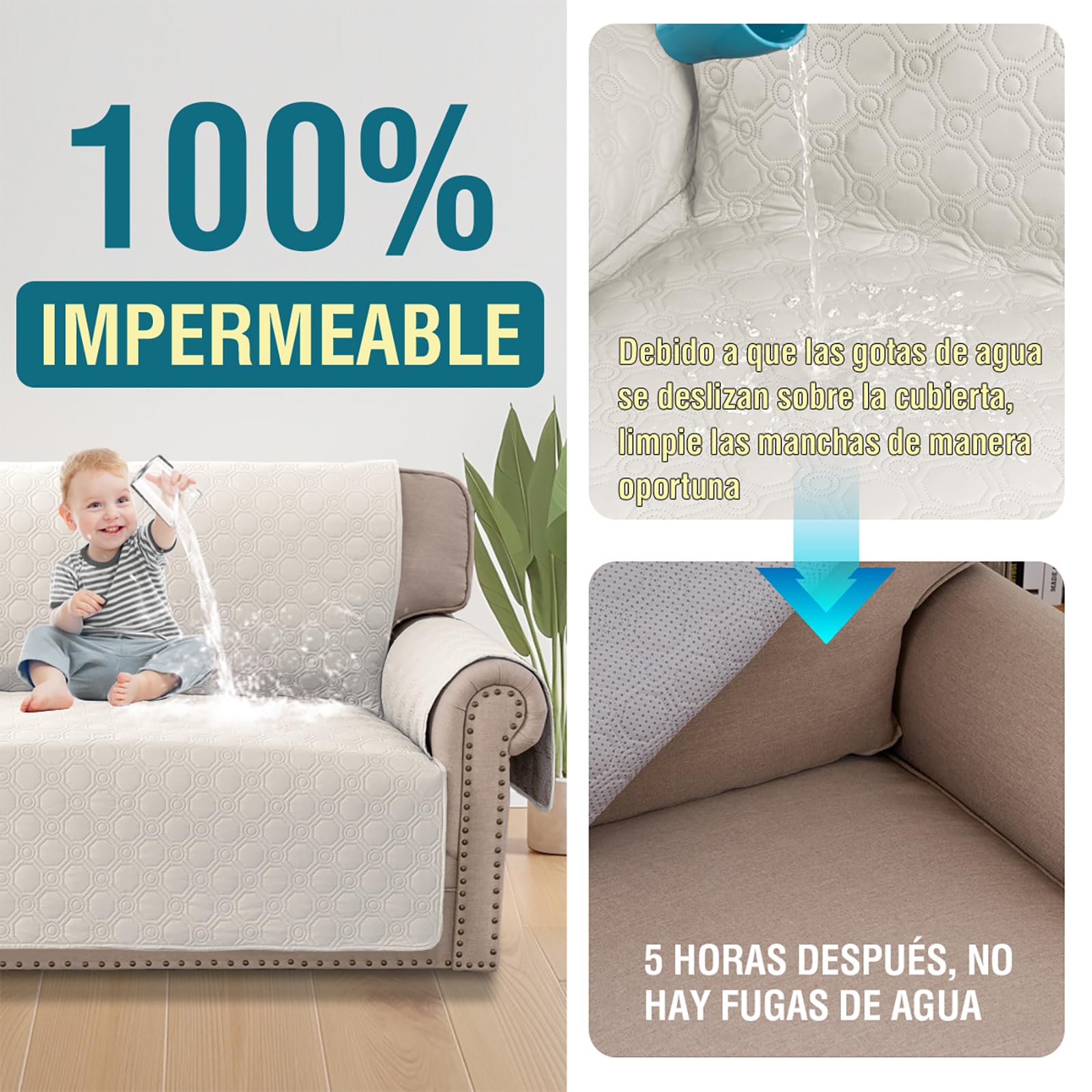 BellaHills Funda Sofa 3 Plazas,100% Funda Sofá Impermeable,Protector para Sofás,con Correas elásticas, para Mascotas Cubre Sofa, Beige