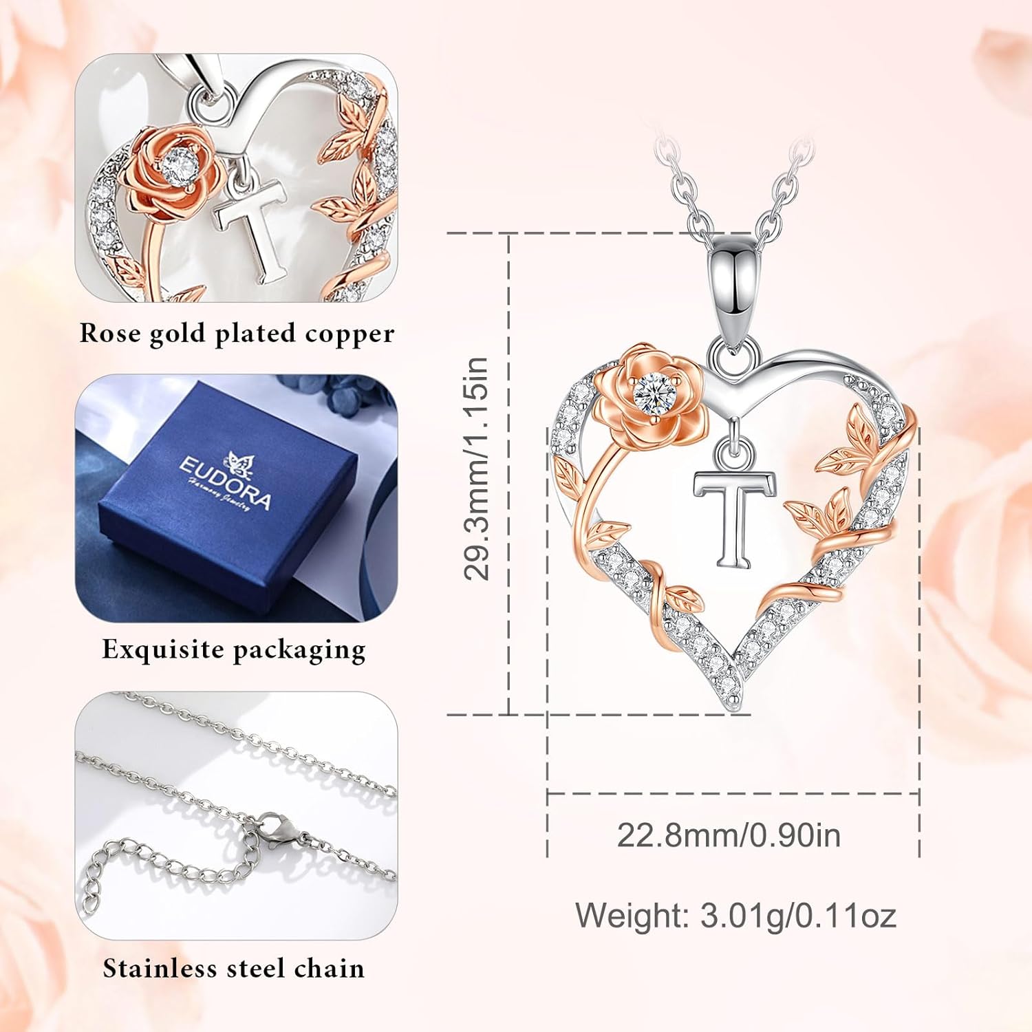 EUDORA Rose Heart Initial Necklace for Women Letter Alphabet Initial Necklaces Copper Rhodium Plated Pendant with Cubic Zirconia, Initials Jewelry Gifts for Women Wife Mother, 18"