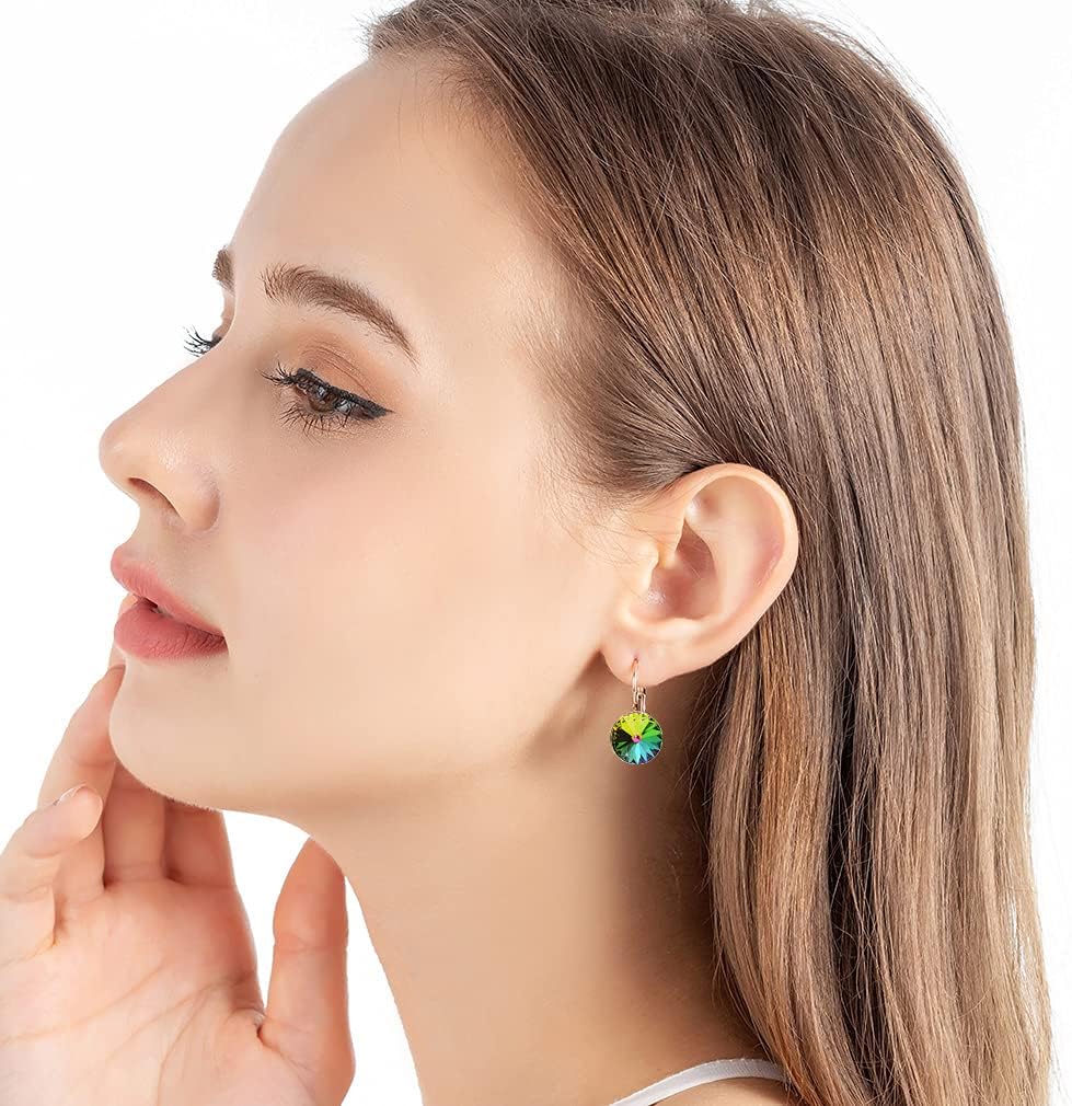 Austrian Crystal Round Drop Earrings for Women 14K Gold Plated Hypoallergenic Leverback Hoop Earrings - Image 2